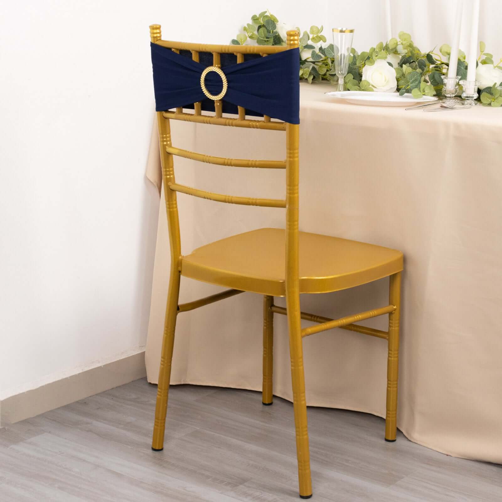 5 Pack Spandex Chair Sashes Navy Blue with Gold Rhinestone Buckles - Reusable Four-Way Stretch Sash Bands 5x14