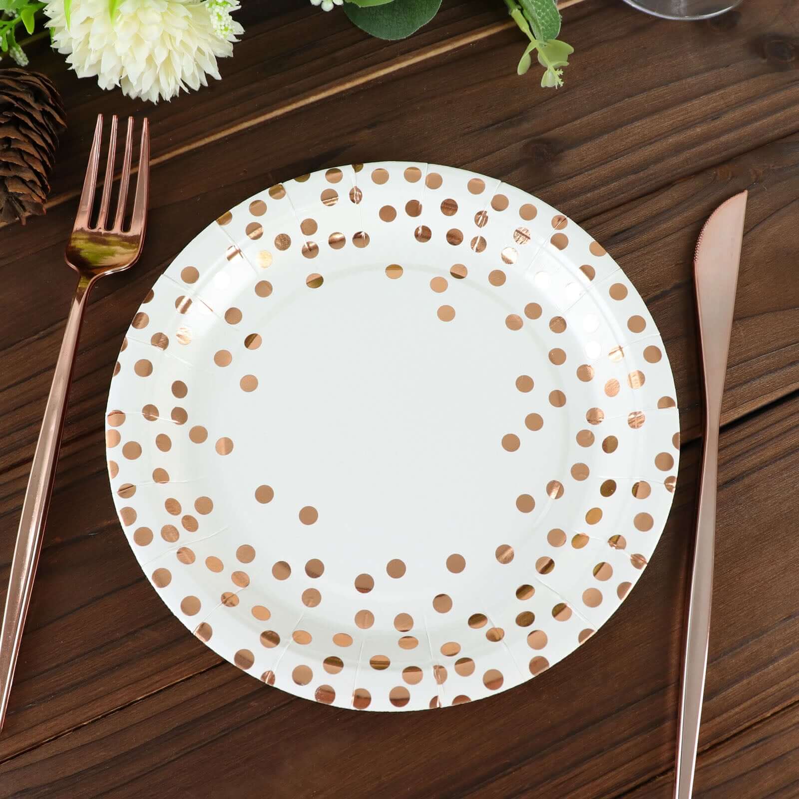 25 Pack 7 White Rose Gold Polka Dot Dessert Appetizer Paper Plates, Disposable Salad Party Plates - 300 GSM