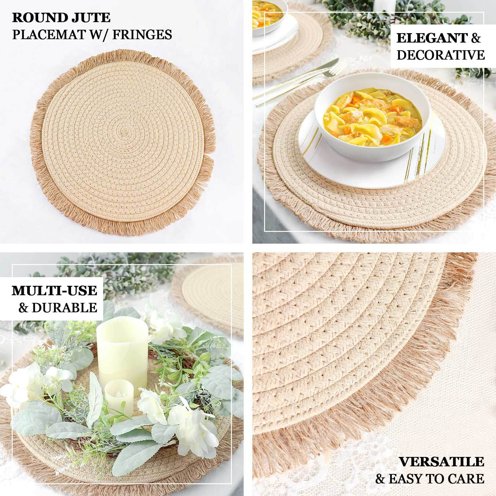 4-Pack Placemats Fringed Edge Design Natural Rustic Burlap Jute Round - Farmhouse Style Table Mats with Trim 15