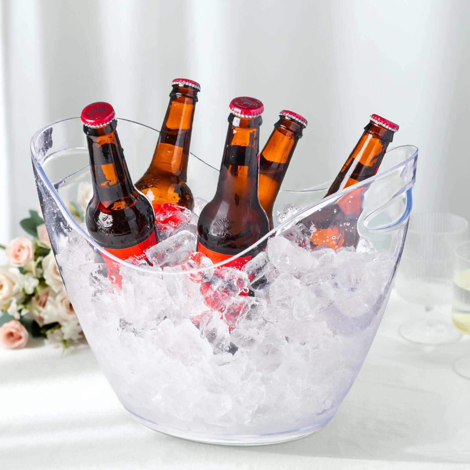 Plastic Ice and Drinks Bucket Clear - Large Capacity Modern Boat Shaped Party Beverage Cooler Storage Tub With Comfortable Handles for Indoor & Outdoor Gatherings 7 Liter