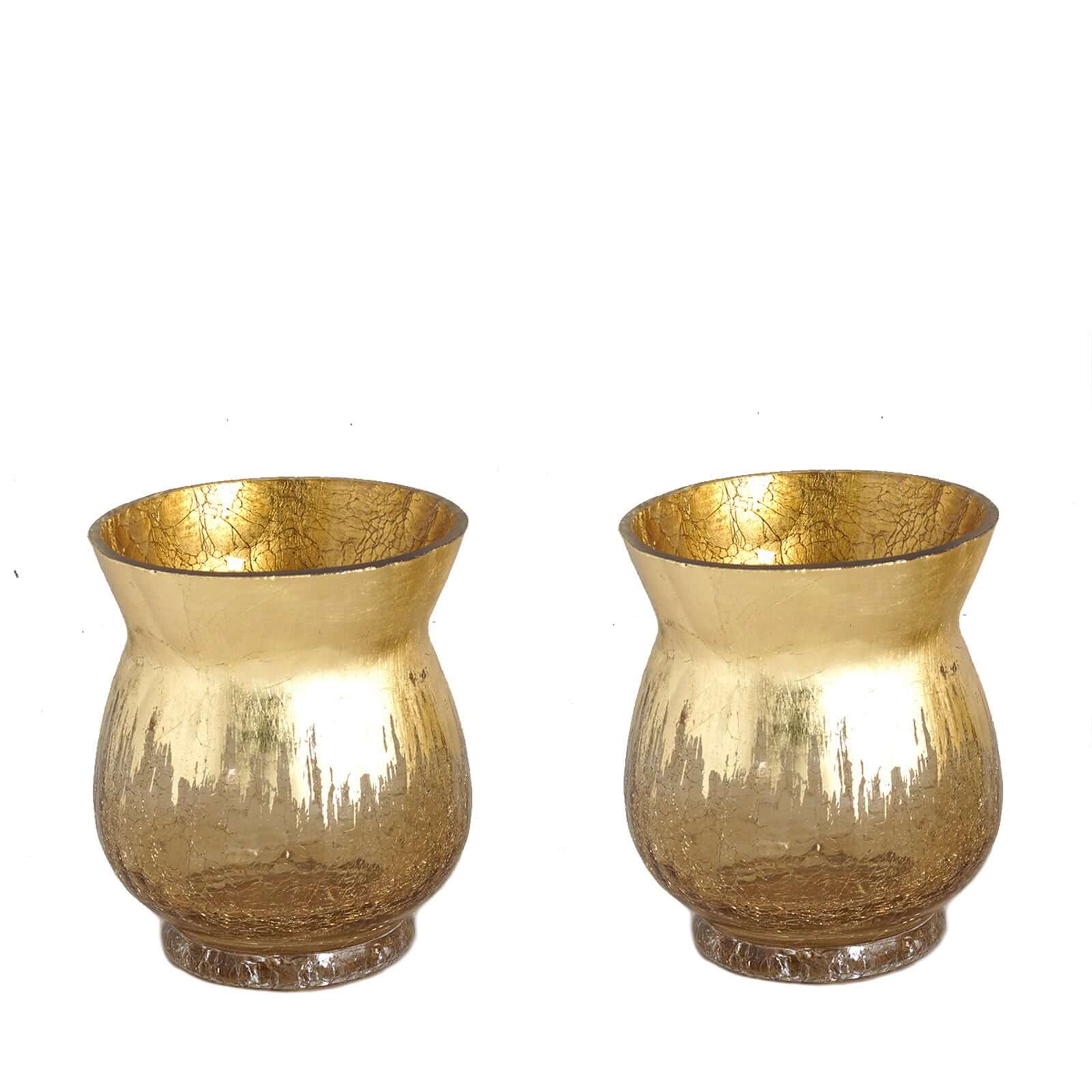 2-Pack Glass Hurricane Vases Bell Shaped Crackle Gold Curvy Design - Decorative Candle Holder Centerpieces 6