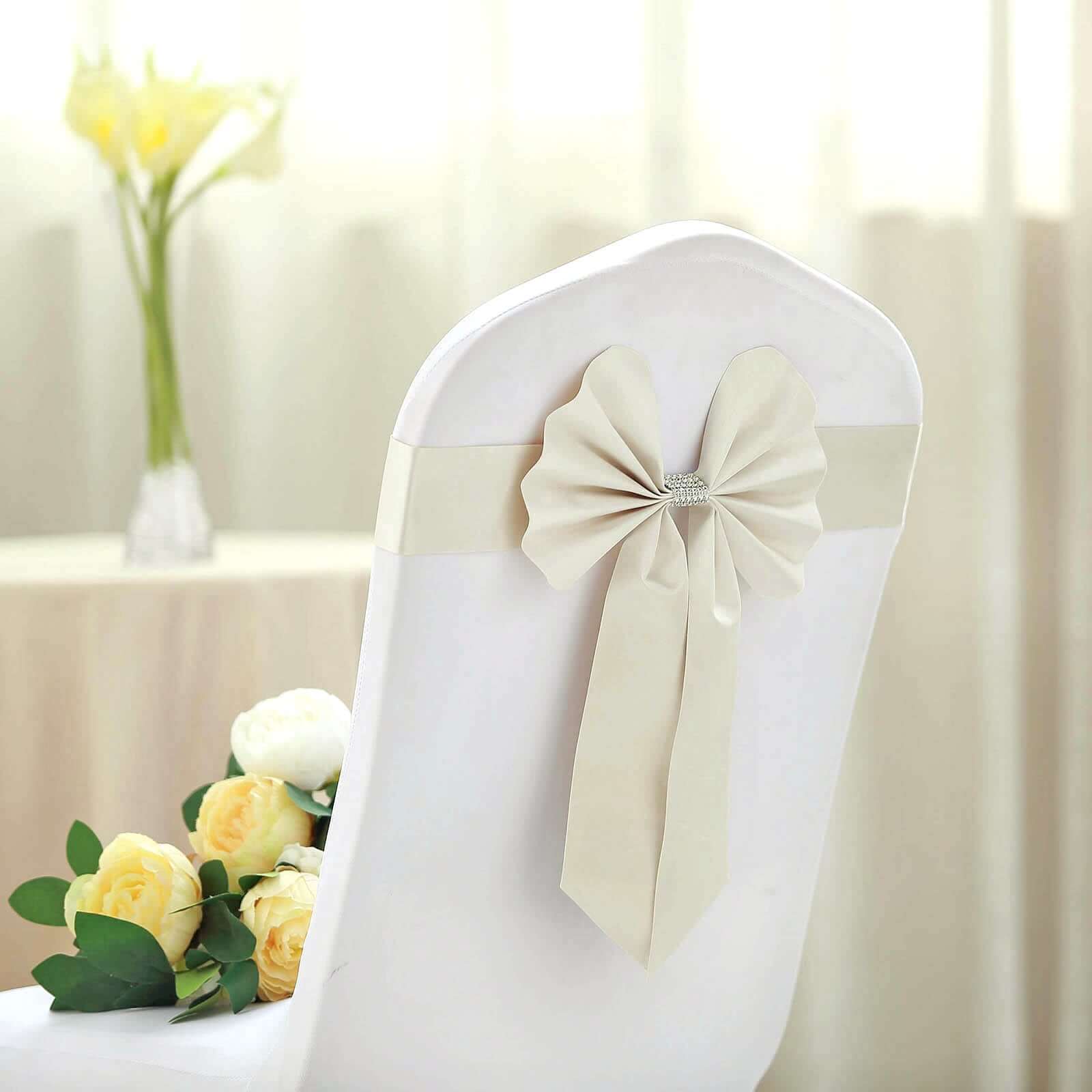 5 Pack Satin Faux Leather Chair Sashes Ivory - Durable Double Sided Pre-tied Bow Tie Chair Bands with Diamond Rhinestone Buckles