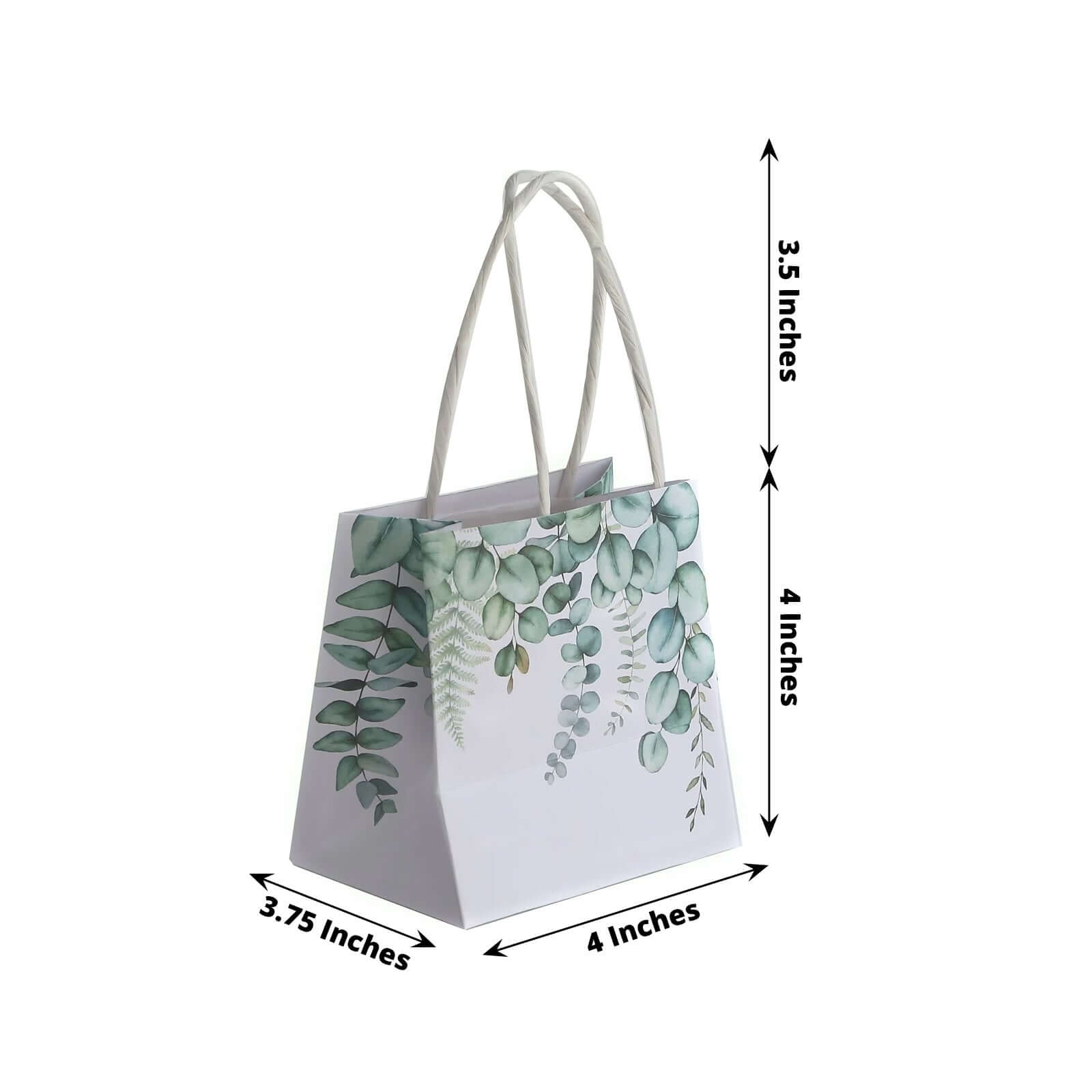 12 Pack White Green Eucalyptus Leaves Paper Party Favor Bags With Handles, Small Gift Goodie Bags - 4x4