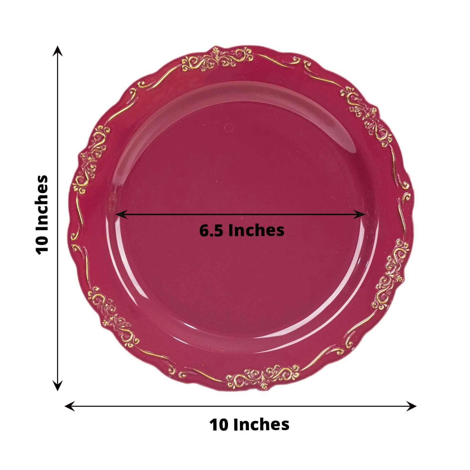 10-Pack Plastic 10 Round Dinner Plates in Burgundy with Gold Vintage Embossed Rim - Sturdy Disposable Scalloped Edge Party Plates for Sophisticated Events & Celebrations