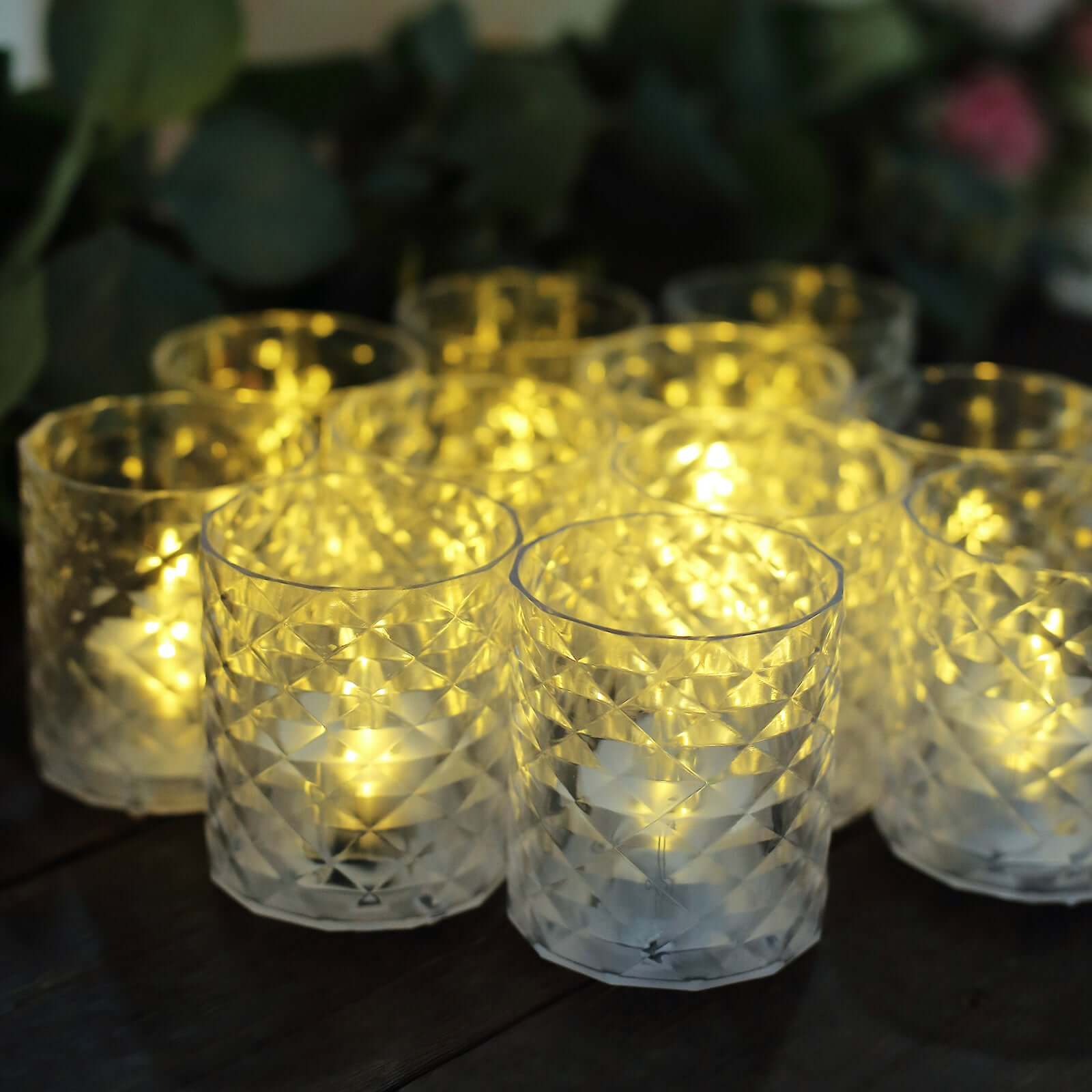 12-Pack LED Tealight Candle Holders Whiskey Glass Design Clear - Warm White Battery Operated Lights 3