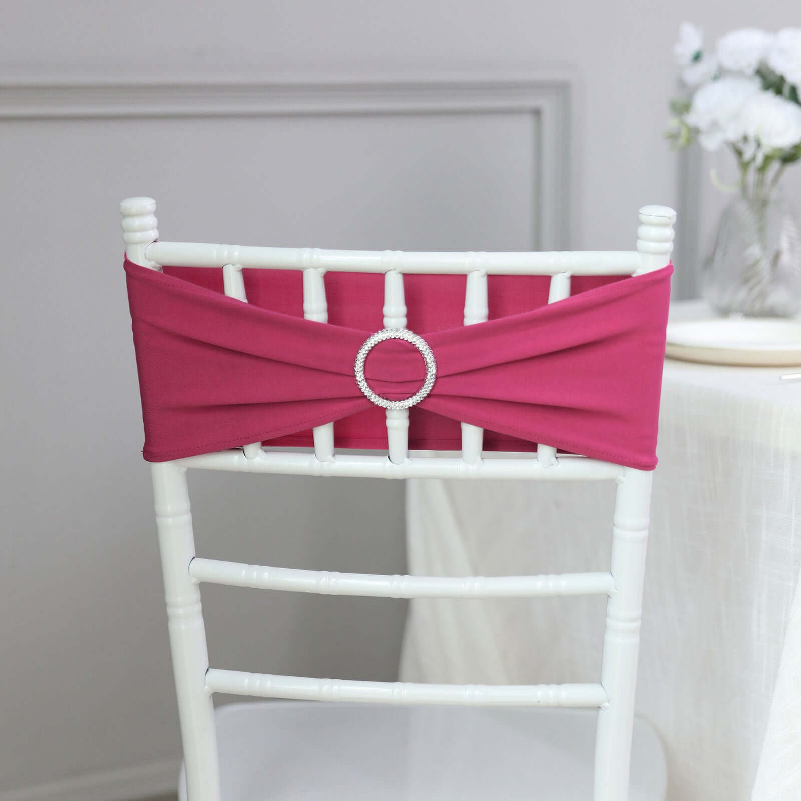 5 Pack Stretch Spandex Chair Sashes Fuchsia - Reusable Chair Bands with Silver Diamond Ring Slide Buckle 5x14