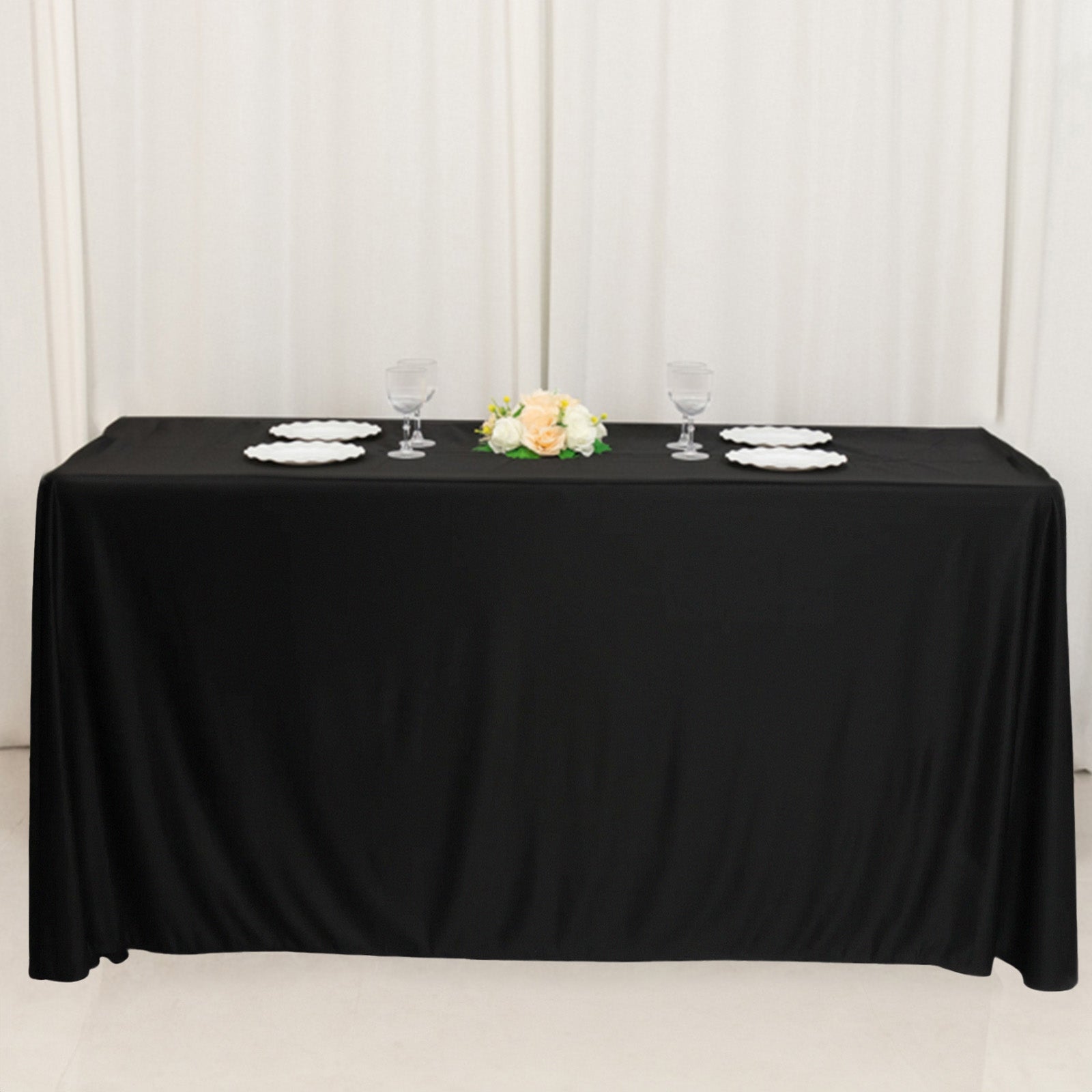 Fitted Polyester 72x24x42 Rectangle Tablecloth Black - Secure Fit for Elevated Tables