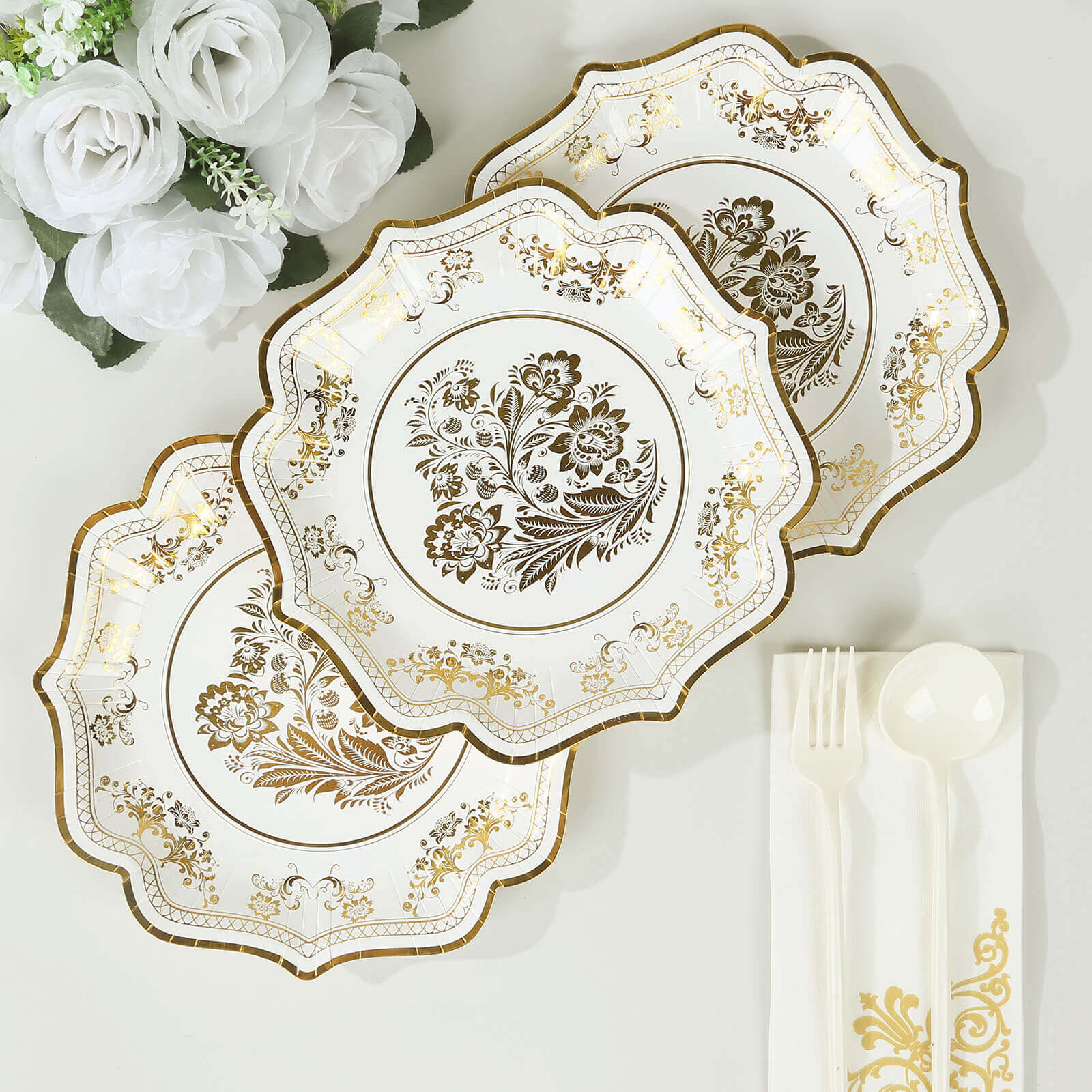 25-Pack Paper Dessert Plates in White with Gold French Toile Print & Scallop Rim - Stylish Disposable 300GSM Floral Salad Appetizer Plates for Weddings & Events 8