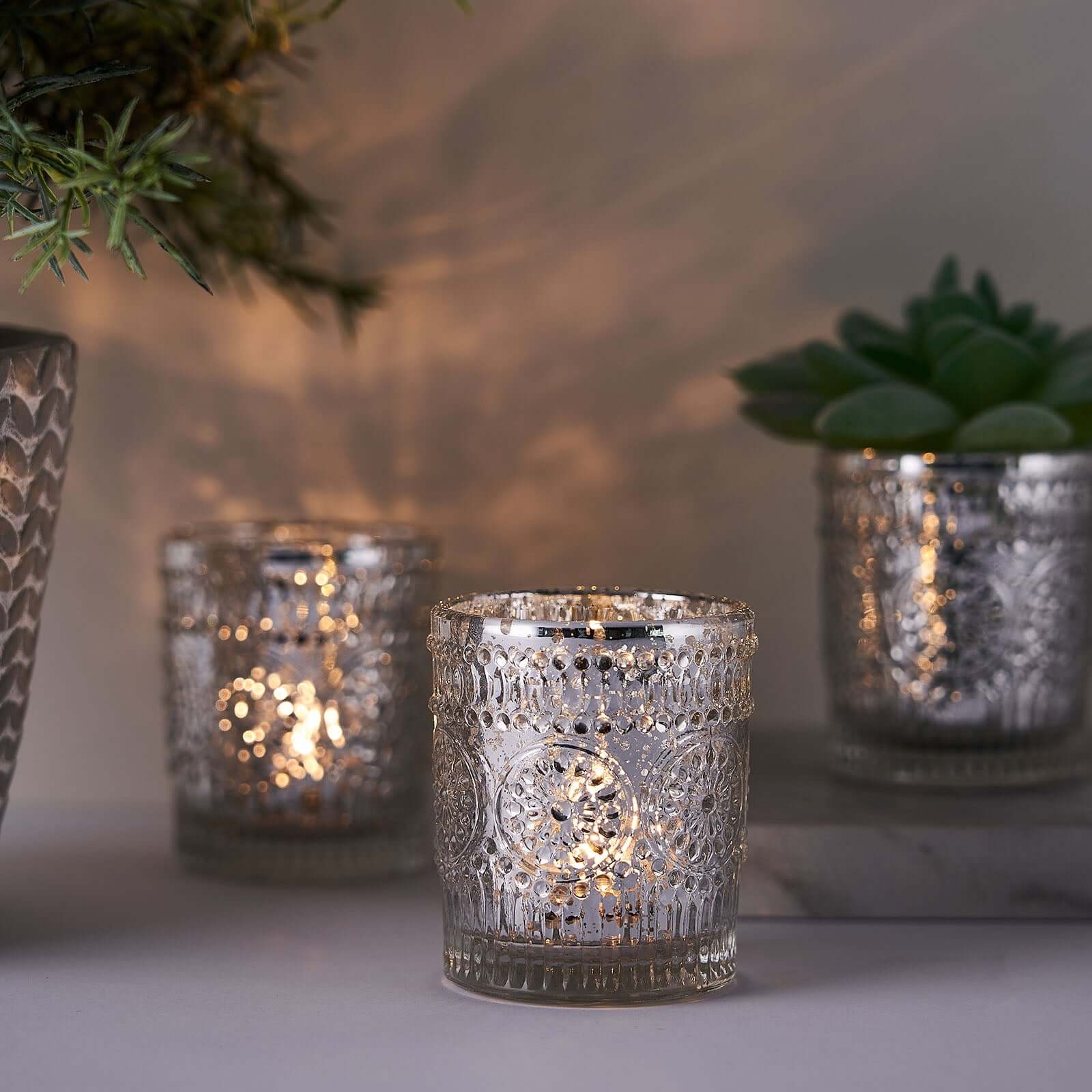 6-Pack Mercury Glass Candle Holders Silver Primrose Design - Votive Tealight Holders for Weddings