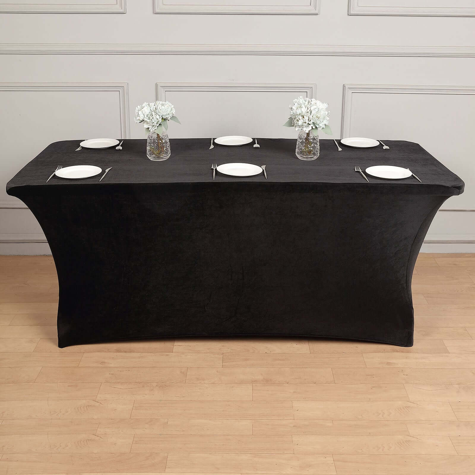 Velvet Spandex 6ft Rectangle Tablecloth Black - Fitted Wrinkle-Free Design for 72x30 Tables