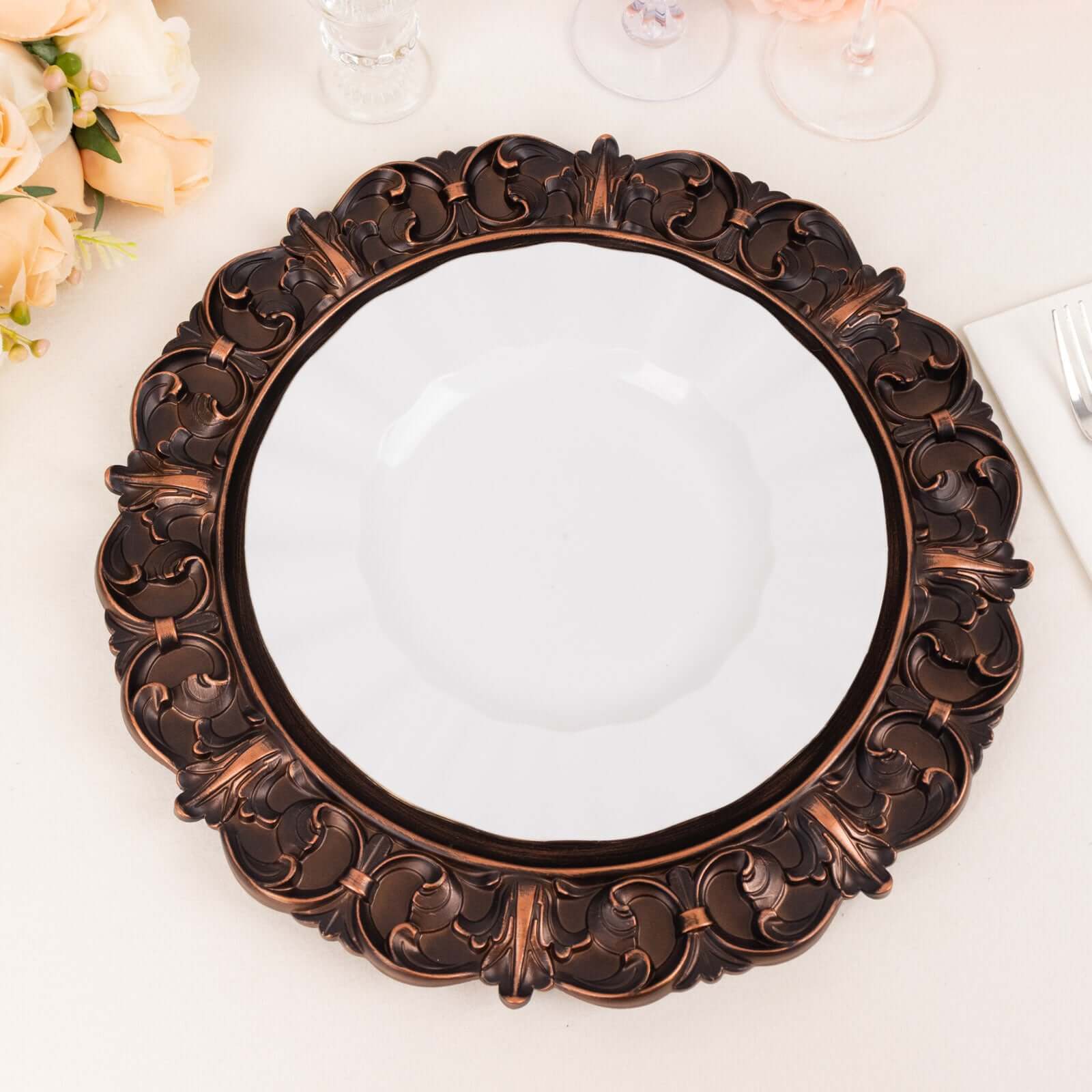 6-Pack Acrylic Round Charger Plates 13 in Dark Brown with Aristocrat Retro Baroque Rim, Ornate Plastic Decorative Chargers