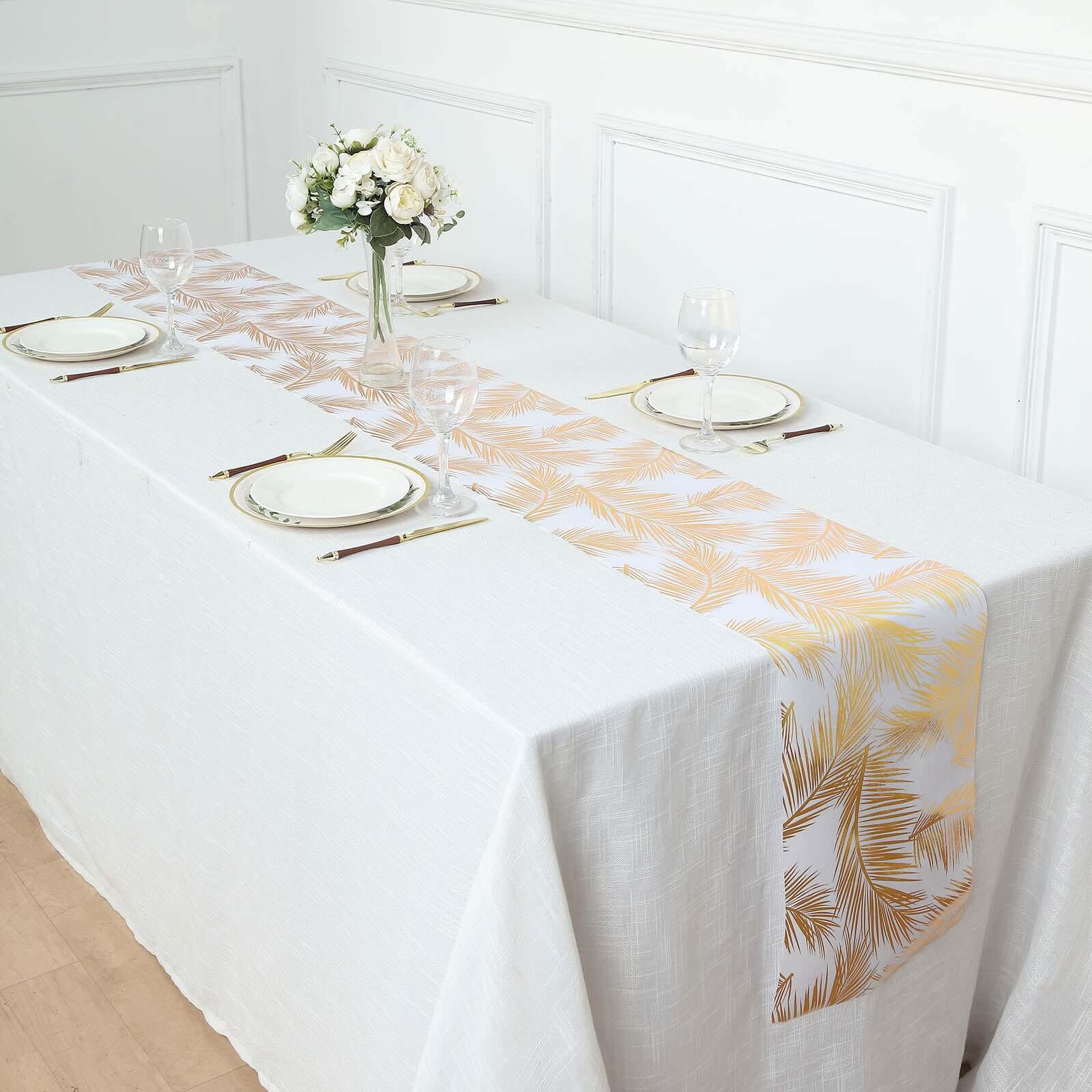 Disposable Table Runner Roll 108 Metallic Gold Foil Palm Leaves Print - Chic Non-Woven Tropical Table Decor for Events