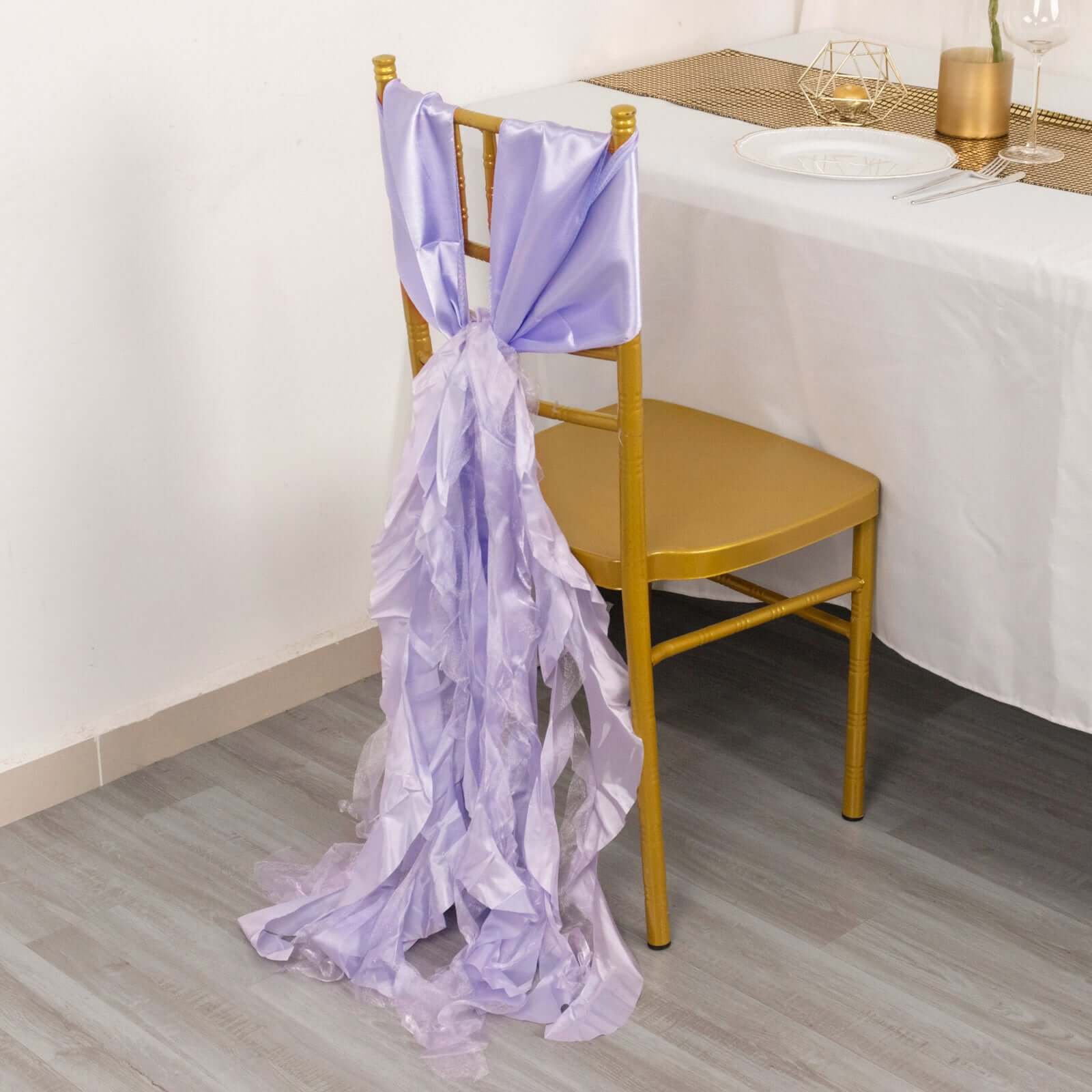 5 Pack Chiffon Satin Chair Sashes Lavender Lilac - Easy to Install Ruffled Curly Willow