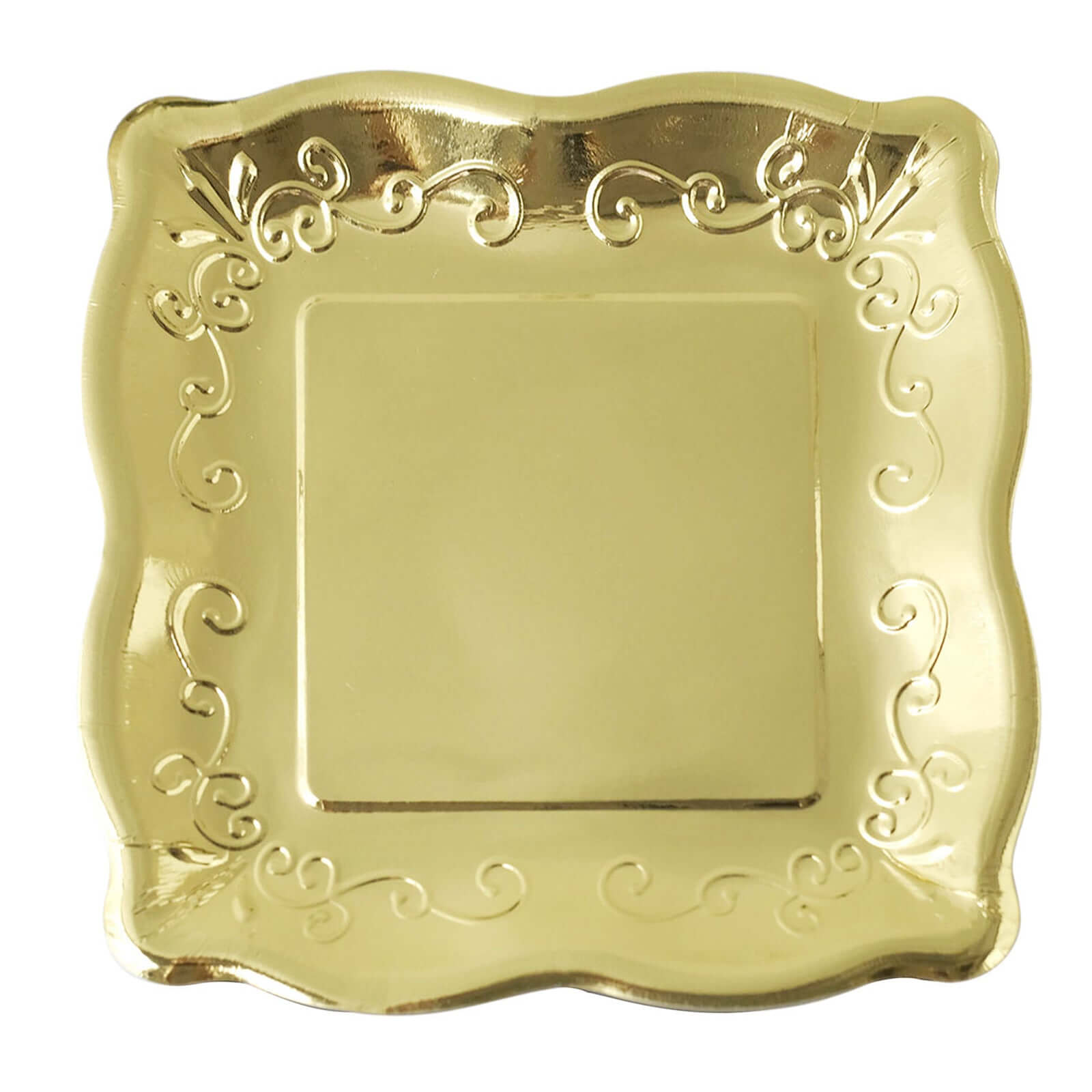 25-Pack Paper 11 Square Dinner Plates in Gold with Vintage Pottery Embossed Design - Shiny Metallic Disposable Serving Plates for Glamorous Dinners & Events