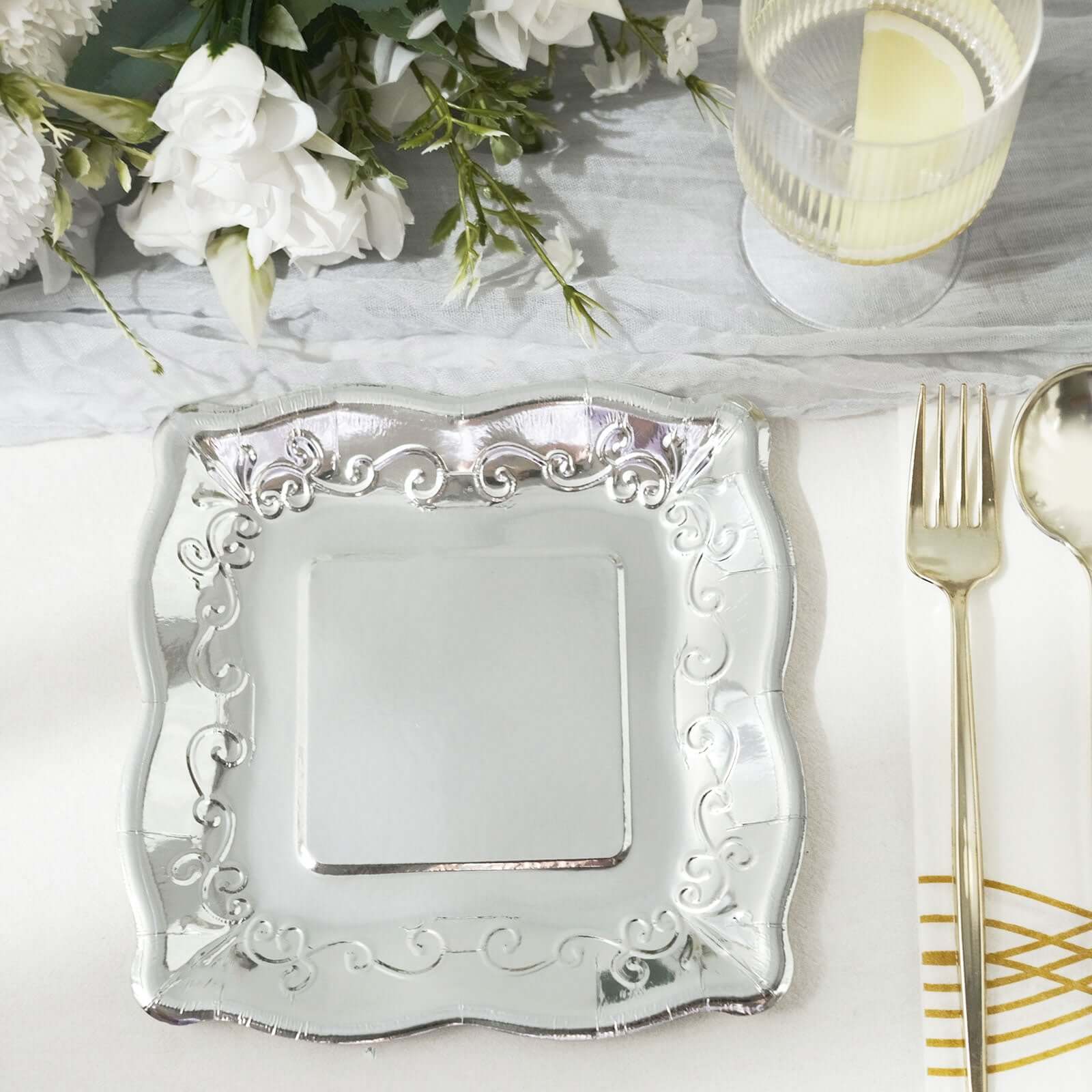 25-Pack Paper 7 Square Dessert Plates in Silver with Vintage Pottery Embossed Design - Shiny Metallic Disposable Appetizer Plates