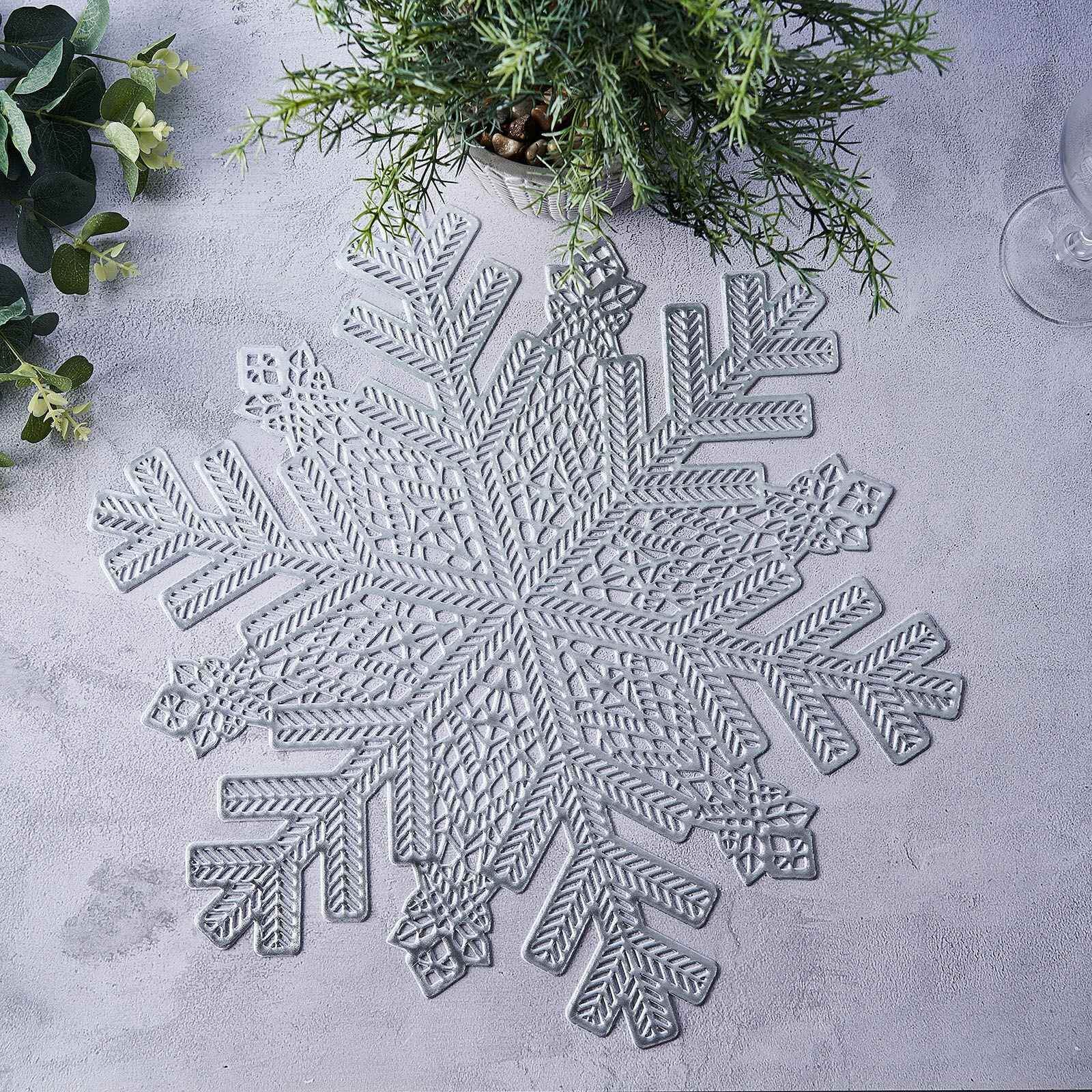 6-Pack Dining Table Mats Snowflake Design Silver - Vinyl Non-Slip Surface for Winter Decor 18