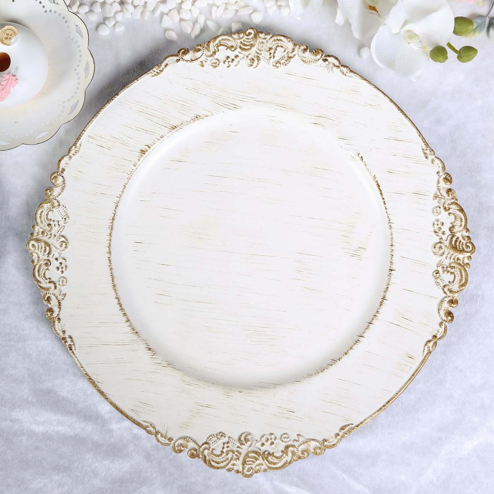 6-Pack Acrylic Round Charger Plates 13 in White Washed with Gold Embossed Baroque Rim, Antique Decorative Dinner Party Charger Tableware