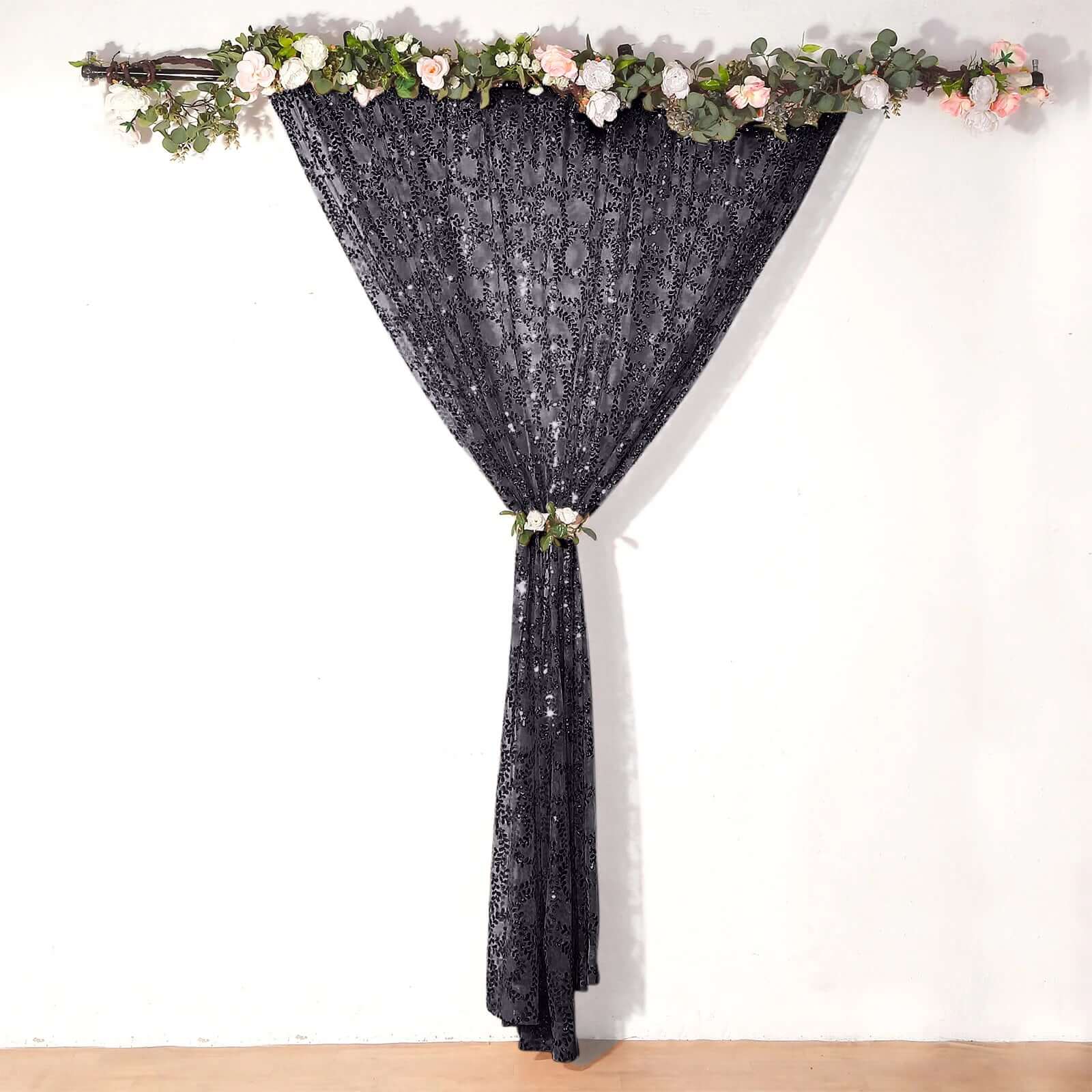 8ftx8ft Black Embroider Sequin Event Curtain Drapes, Sparkly Sheer Backdrop Event Panel With Embroidery Leaf