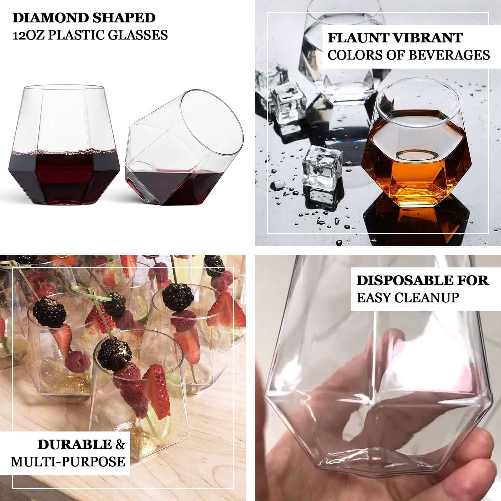 12-Pack Plastic Stemless Wine Glasses Clear Diamond Shaped - Reusable Whiskey Cups 12oz