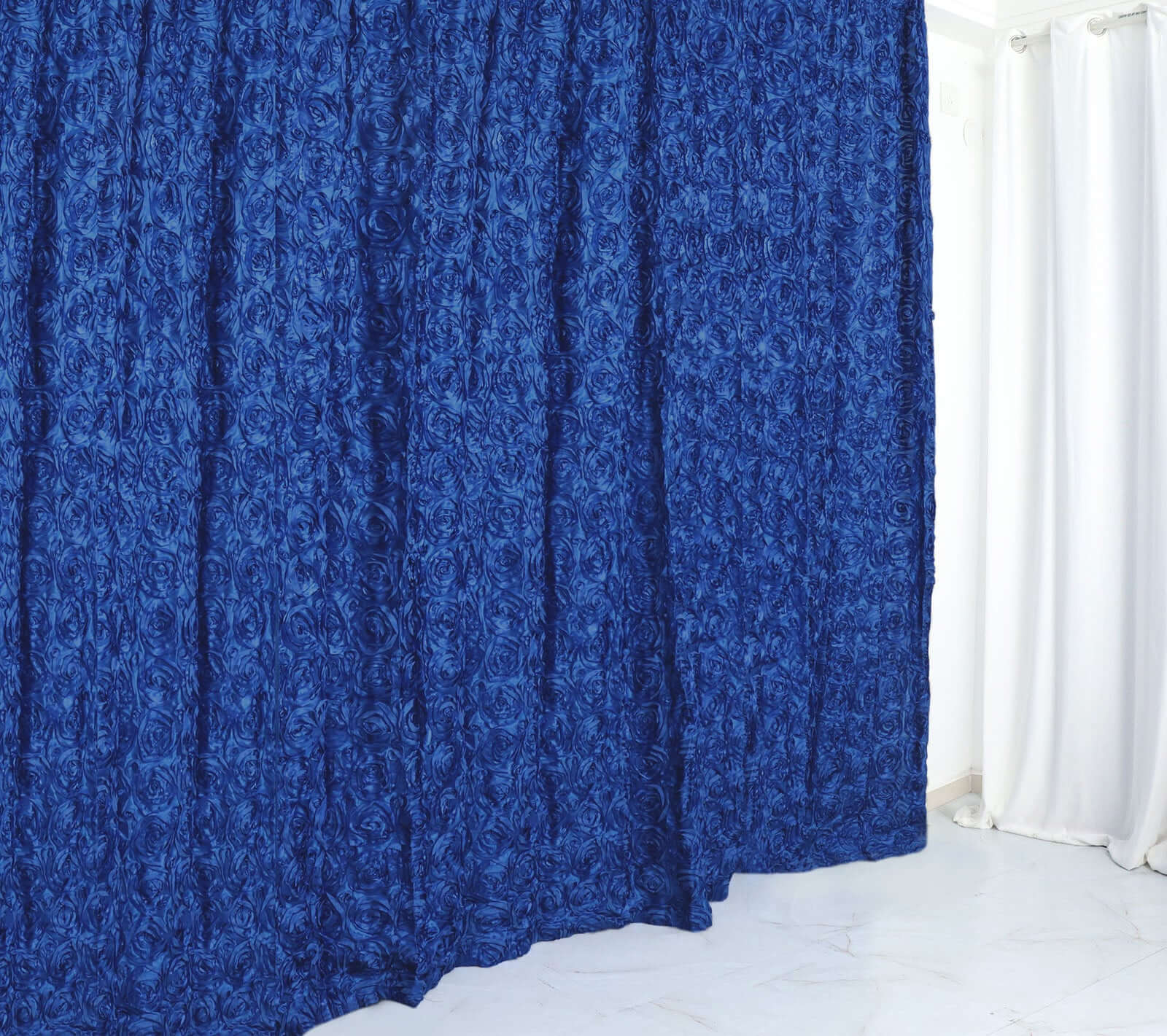 8ftx8ft Royal Blue Satin Rosette Event Curtain Drapes, Backdrop Event Panel