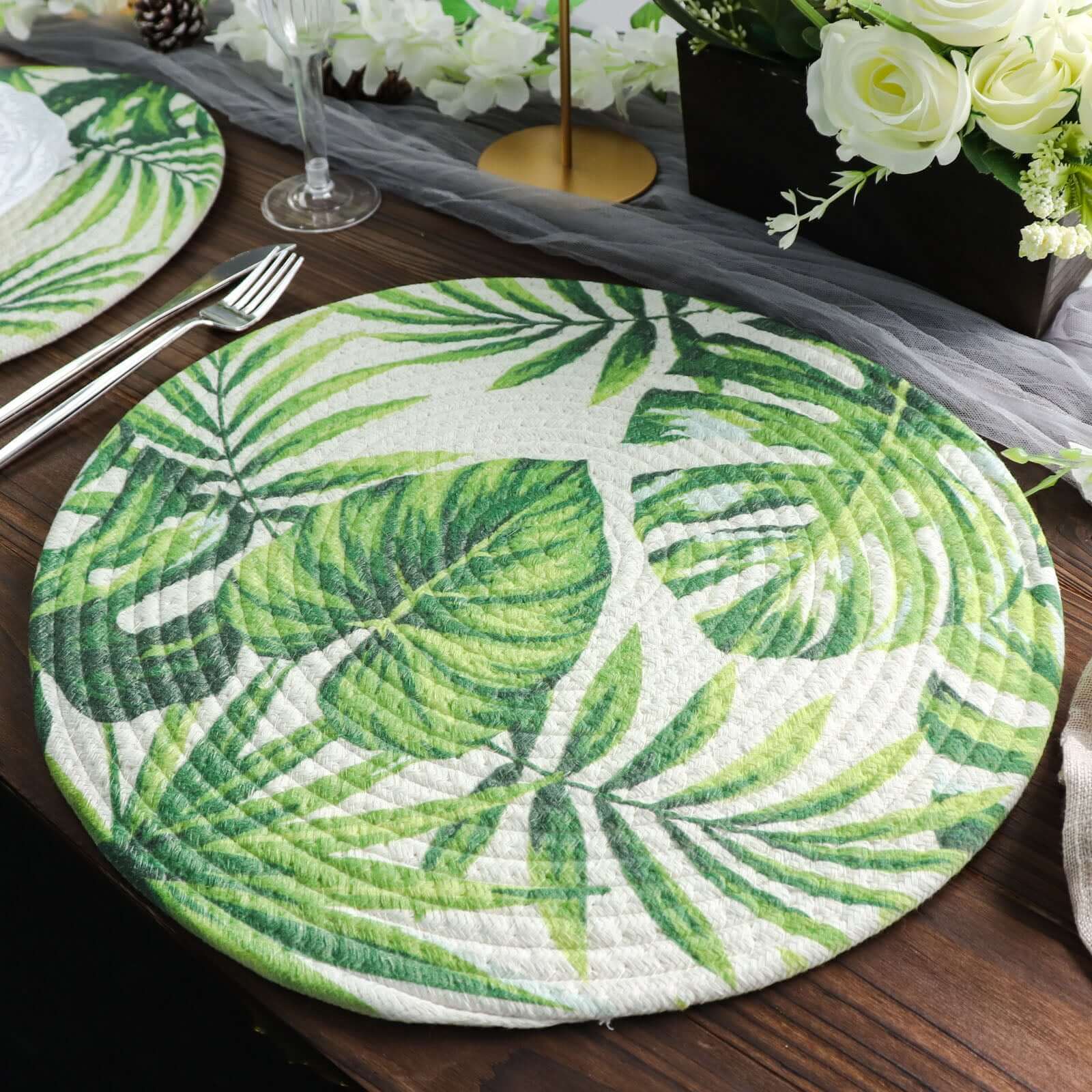 4-Pack Table Placemats Tropical Leaf Design Green Cotton Round - Woven Indoor/Outdoor Dining Mats 15