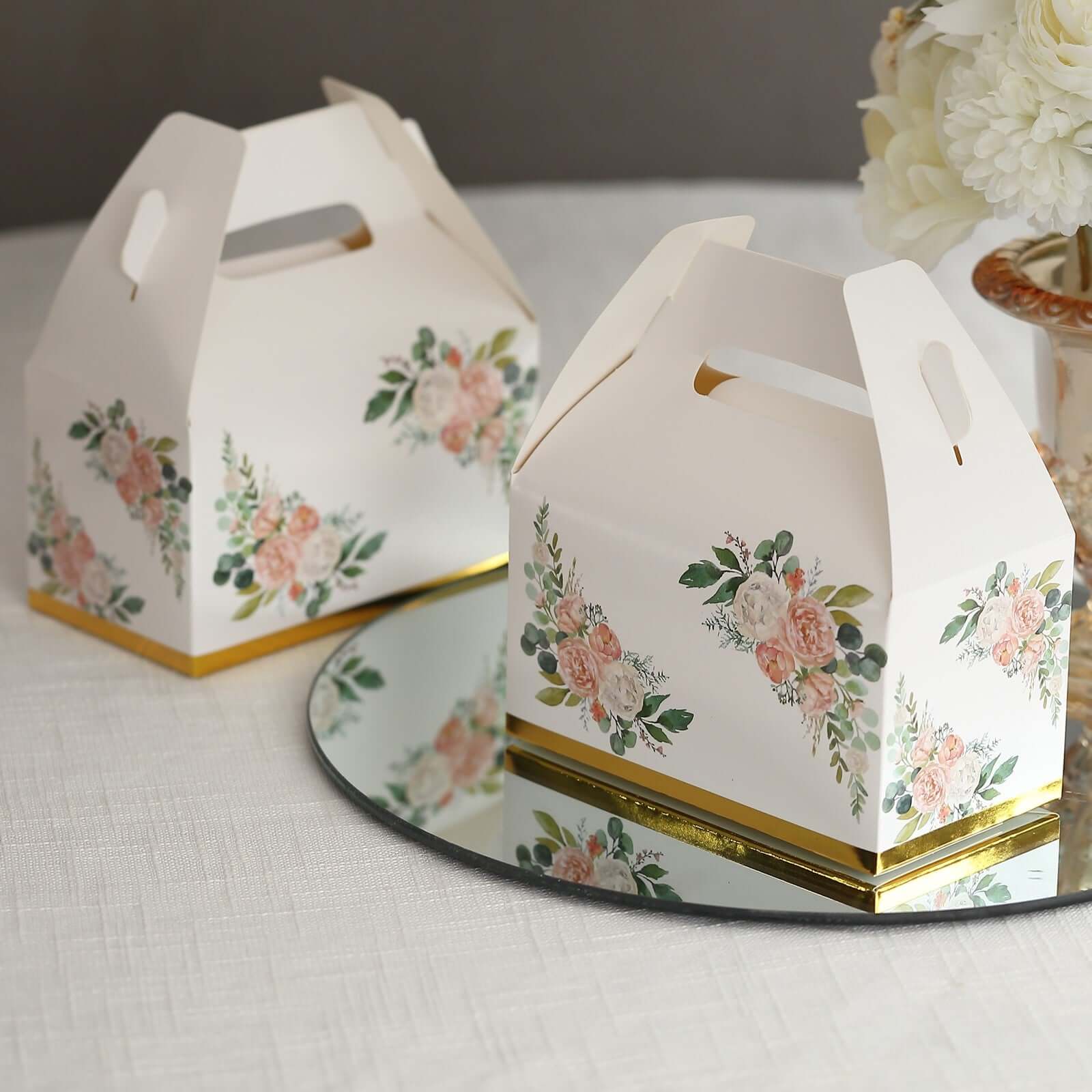 25 Pack White Pink Peony Flowers Print Candy Gift Tote Gable Boxes with Gold Edge, Party Favor Treat Boxes - 6x3.5x7