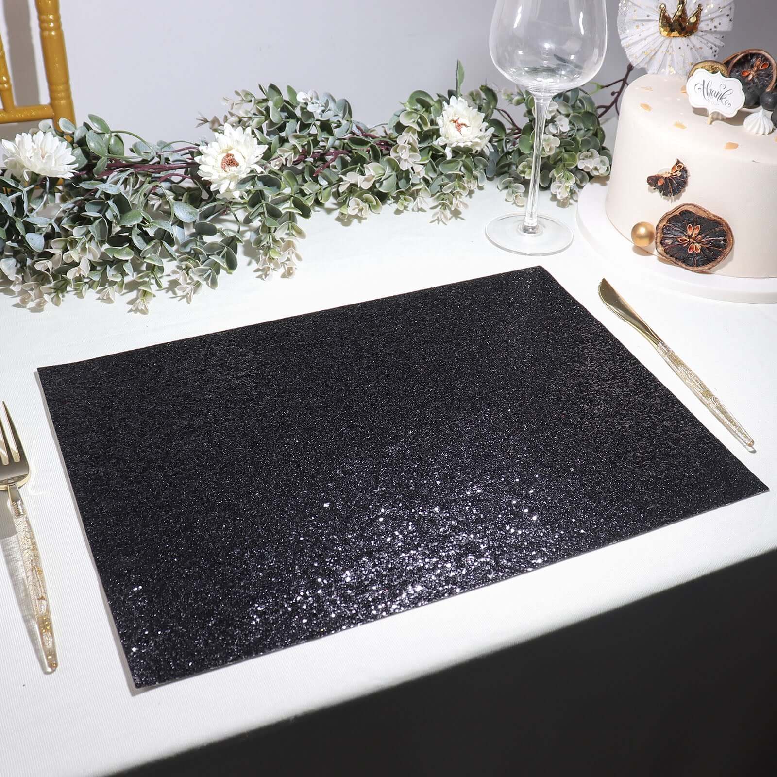 6-Pack Placemats Glitter Design Black Sparkle Rectangle - Non-Slip Decorative Dining Table Mats 12x18