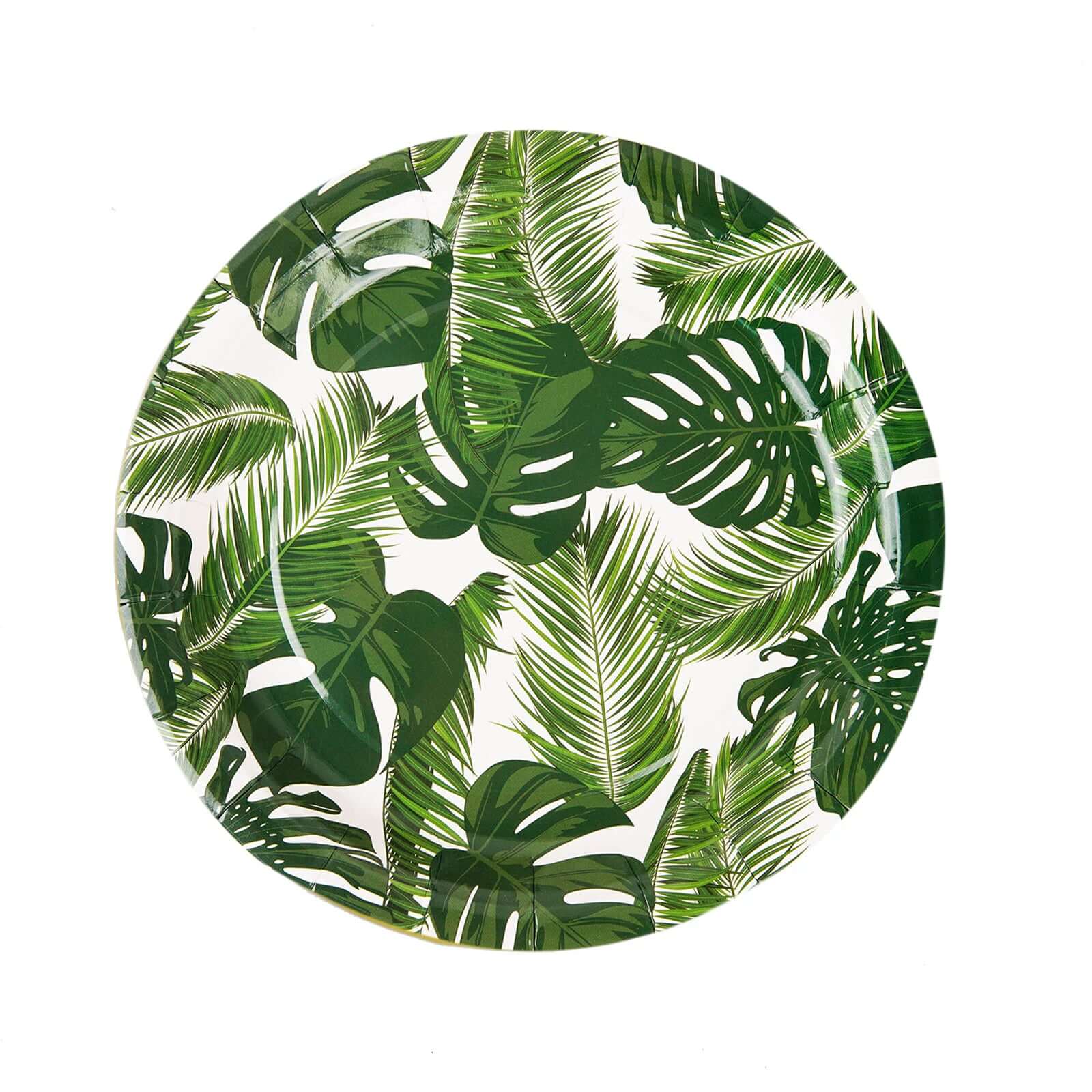 25-Pack Paper 7 Round Dessert Plates in White with Tropical Palm Leaf Design - Disposable 300GSM Appetizer Salad Plates for Boho Chic & Jungle Themed Events