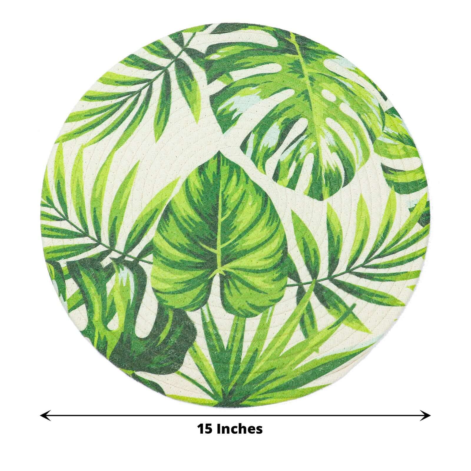 4-Pack Table Placemats Tropical Leaf Design Green Cotton Round - Woven Indoor/Outdoor Dining Mats 15