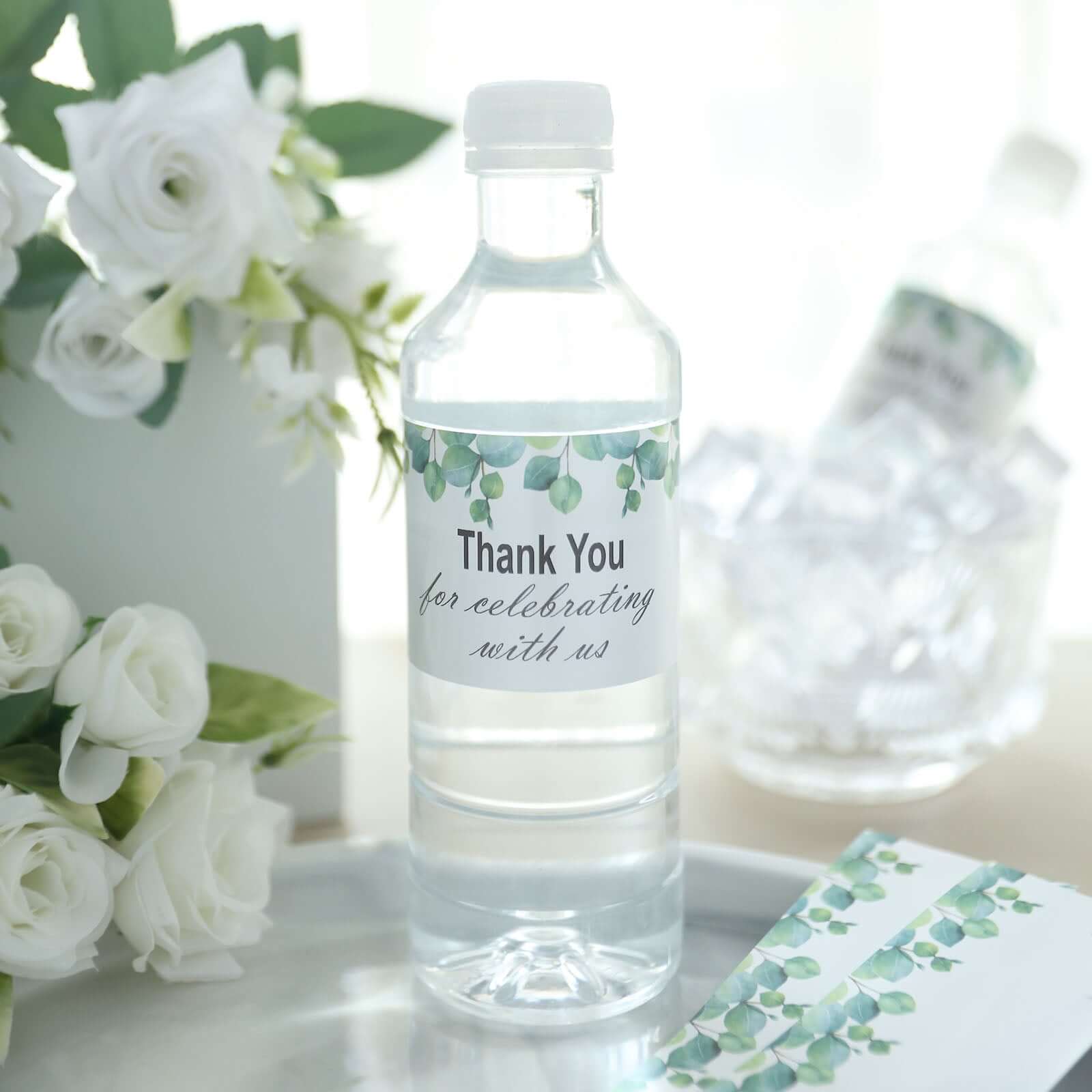 24 Pack White/Green Water Bottle Labels with Leaves Design Thank You Party Waterproof Bottle Stickers