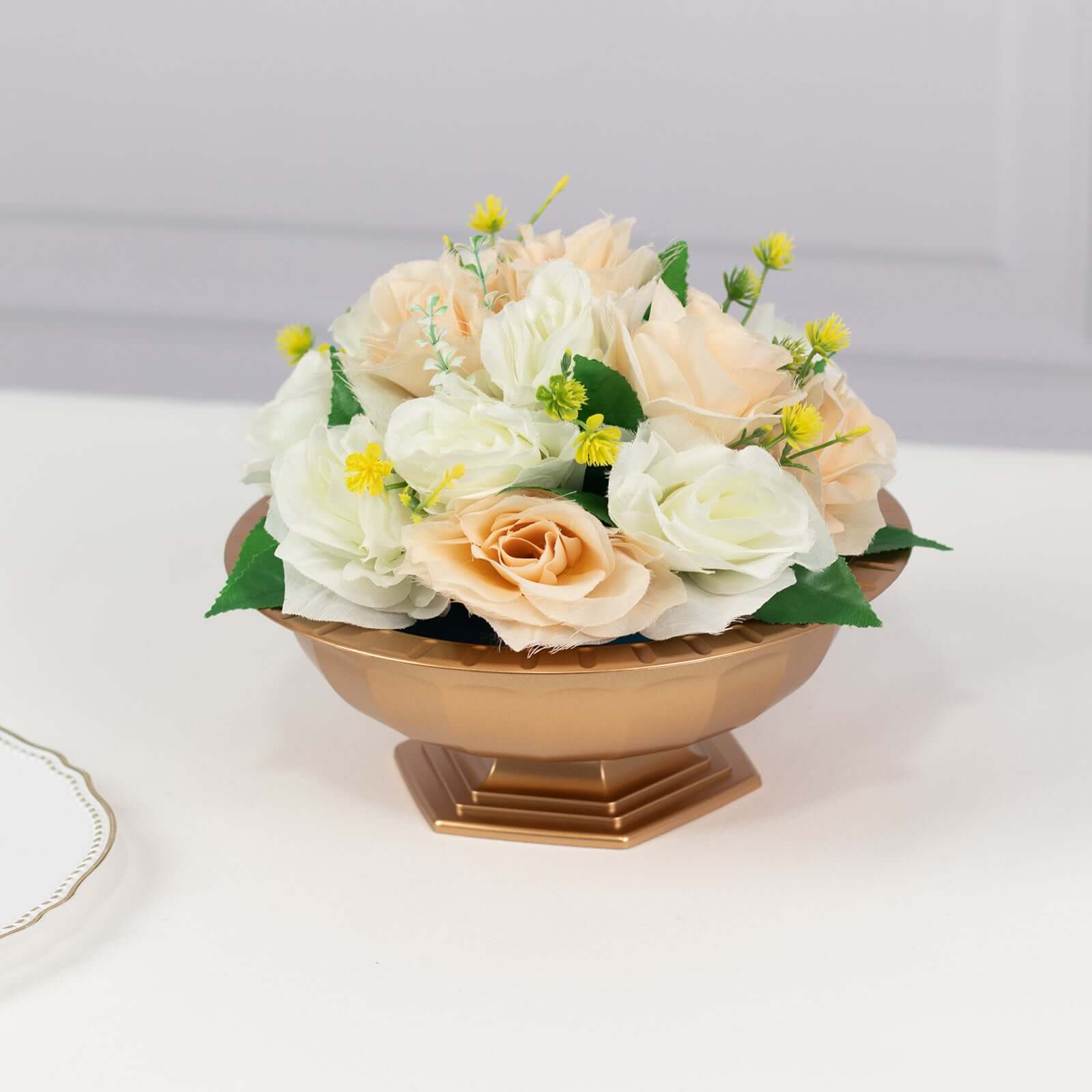 3-Pack Plastic Footed Compote Bowl Flower Vases Roman Style Gold - Round Decorative Pedestal Table Centerpieces 10