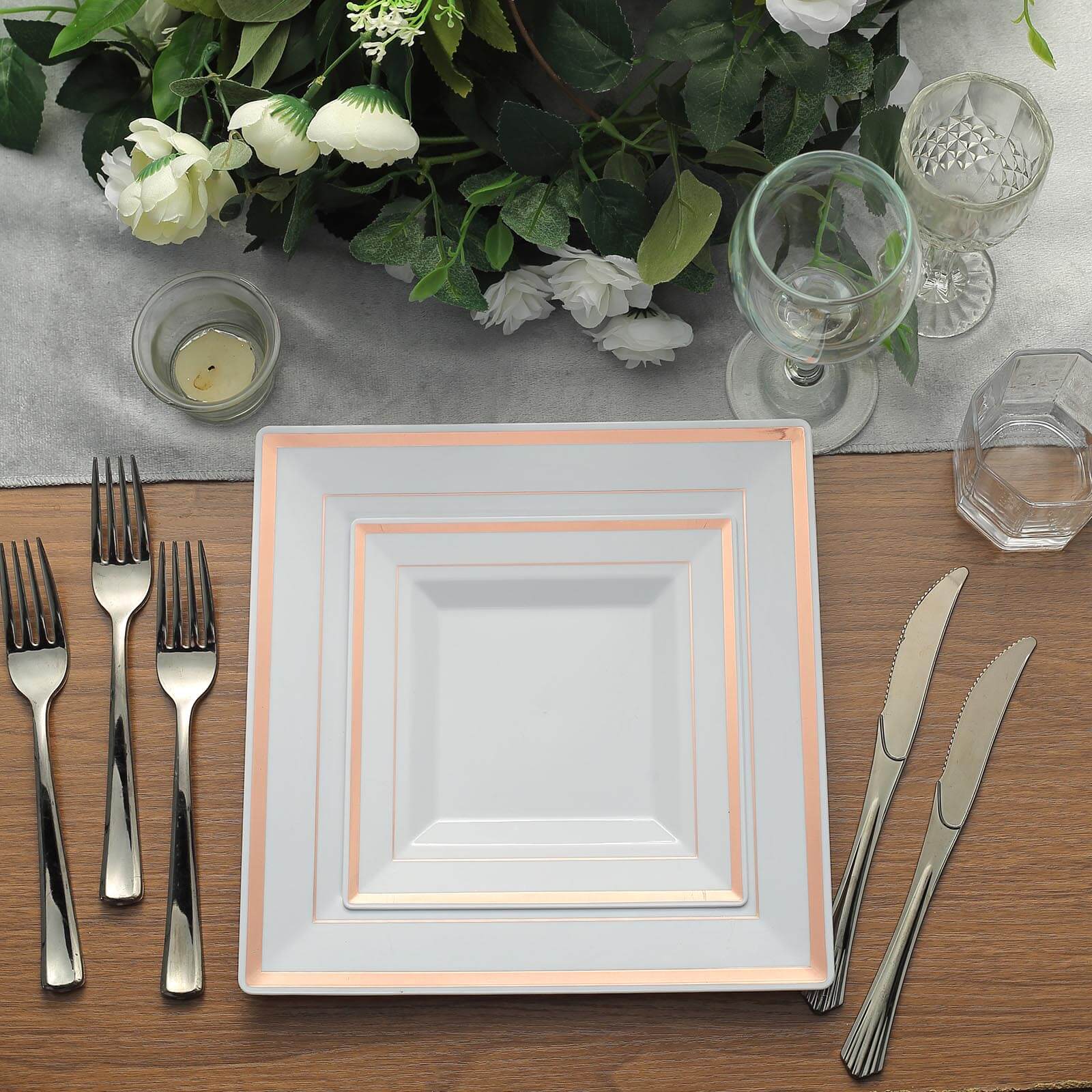 10-Pack Plastic Dinner Plates White Square with Rose Gold Trim - Lightweight Disposable Plates for Events 10