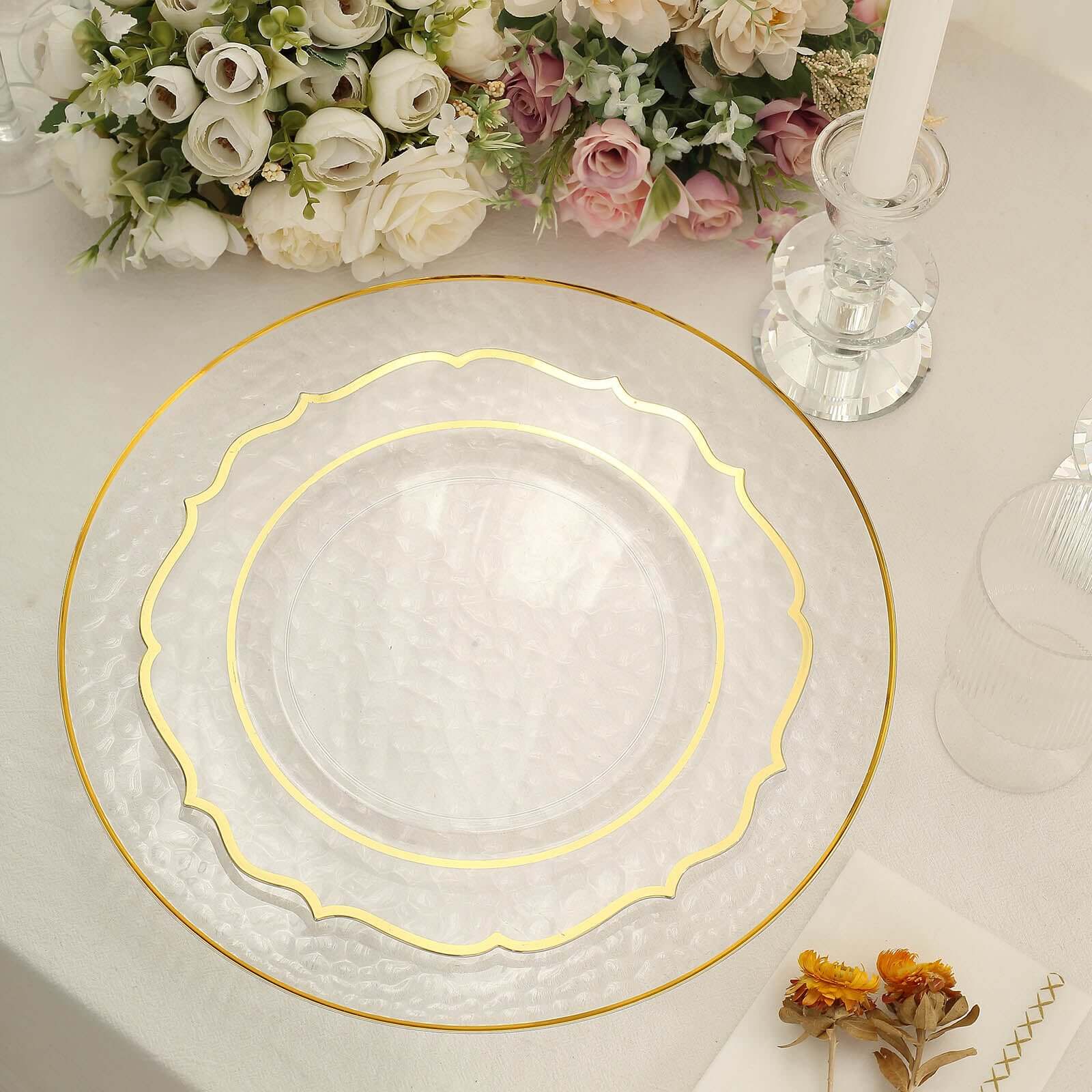 6-Pack Economy Plastic Round Charger Plates 13 in Clear Hammered Design with Gold Rim, Decorative Dinner Party Serving Plates