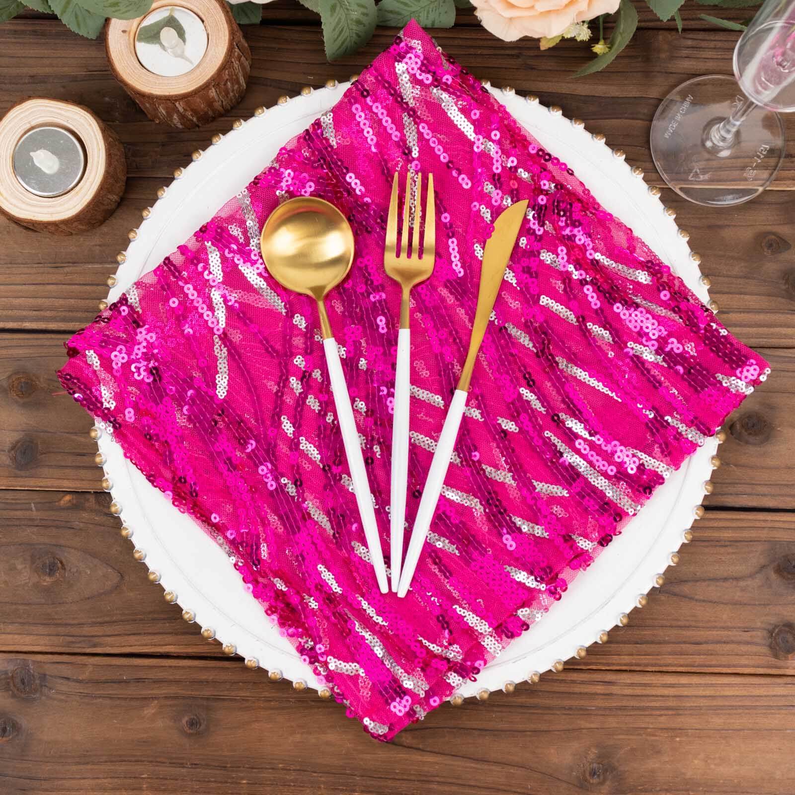Sequin Mesh 20x20 Napkin Fuchsia Silver - Wave Embroidered Reusable Napkin