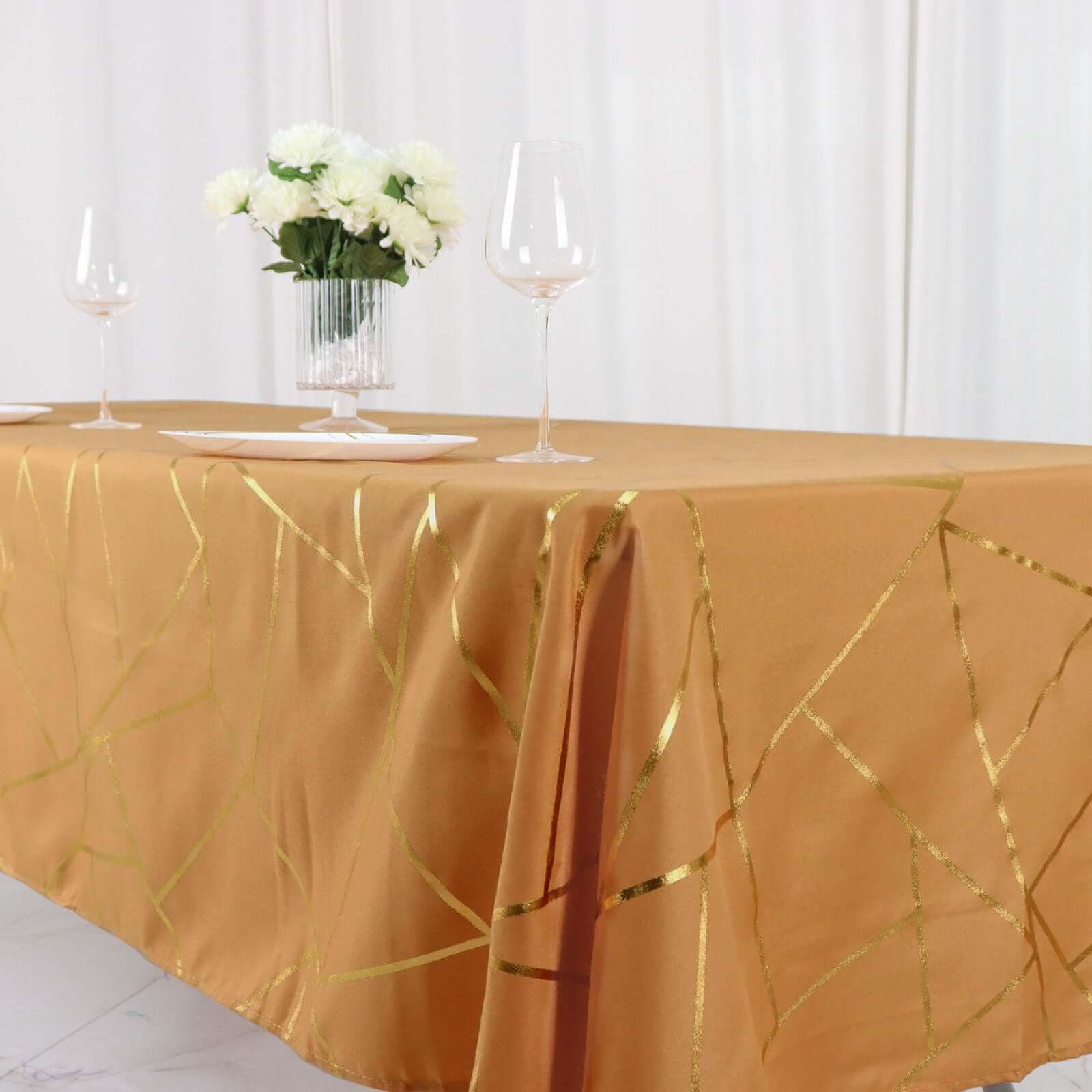 Polyester 60x102 Rectangle Tablecloth Gold with Gold Foil Geometric Pattern - Wrinkle-Resistant & Durable Table Cover