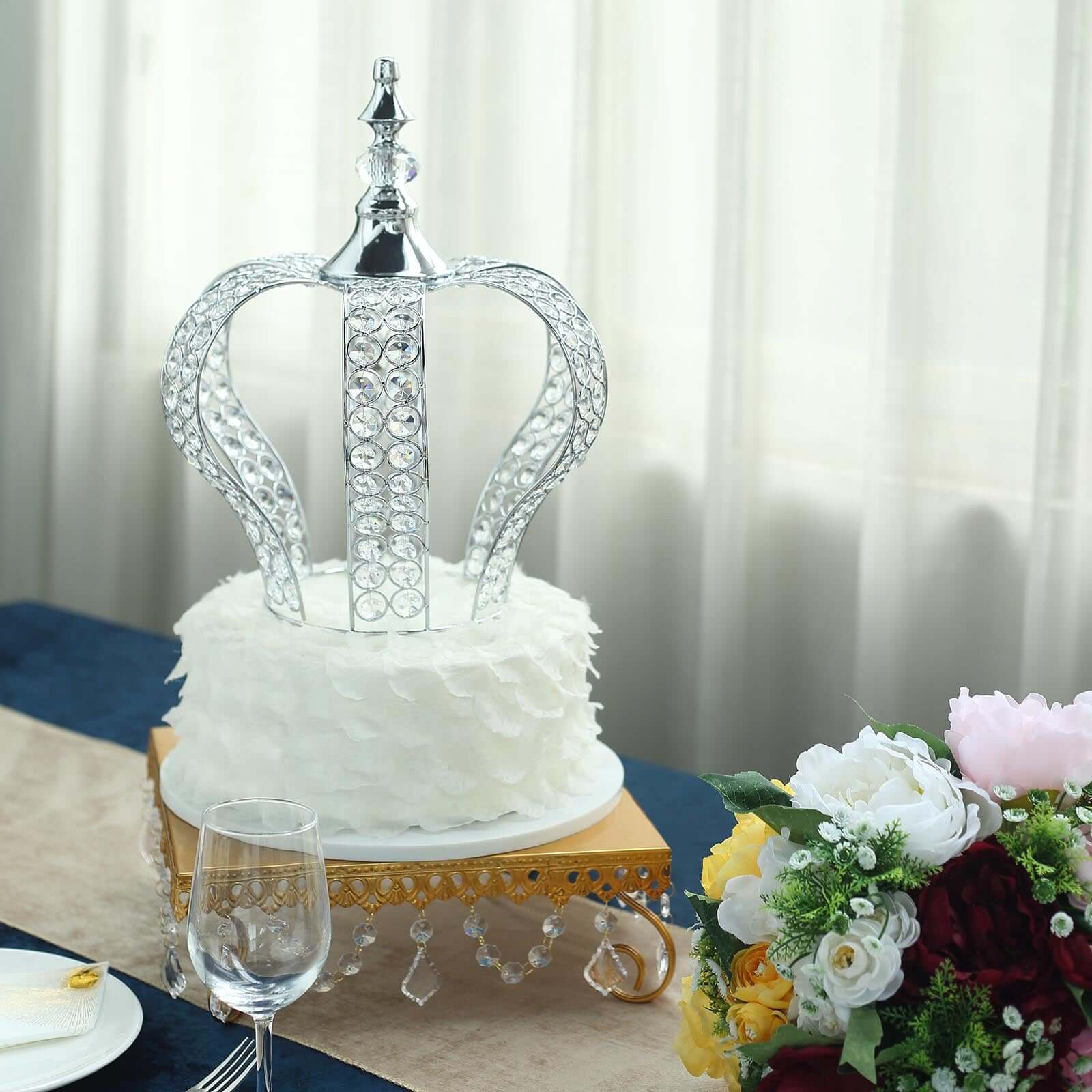 Crystal-Bead Royal Crown Cake Topper Metallic Silver - Dazzling Cake Centerpiece Decor for Luxurious Birthdays Receptions & Romantic Celebrations 14