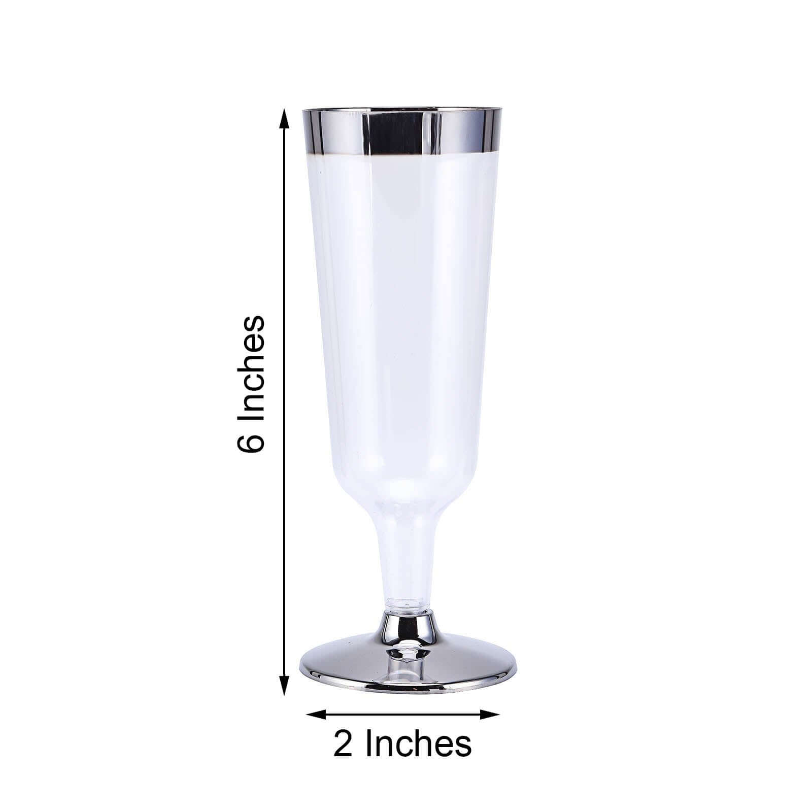 12-Pack Plastic Champagne Glasses Clear with Chrome Silver Rim - Stylish Short Stem Disposable Flutes for Events 6oz