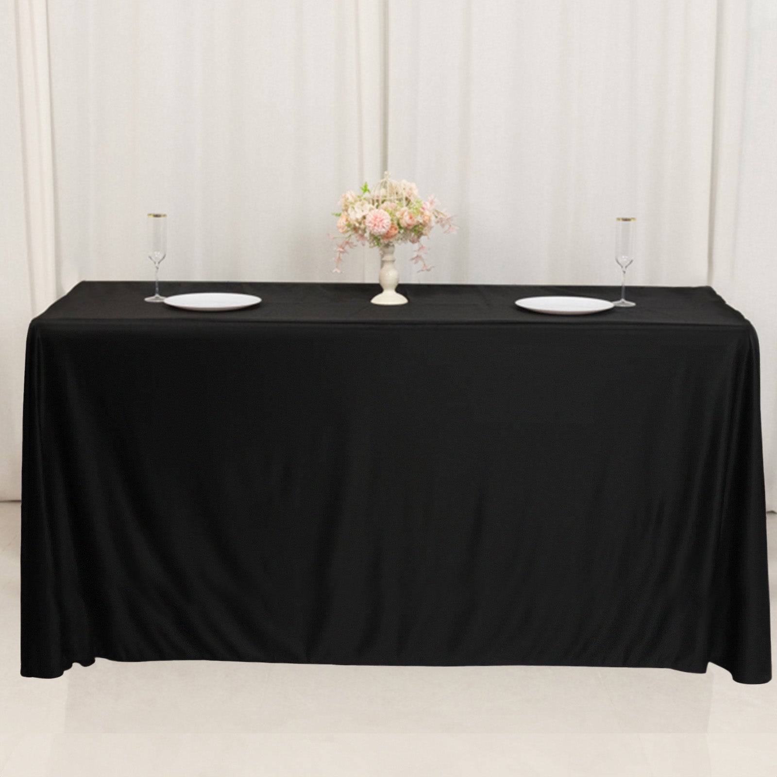 Fitted Polyester 72x24x42 Rectangle Tablecloth Black - Secure Fit for Elevated Tables