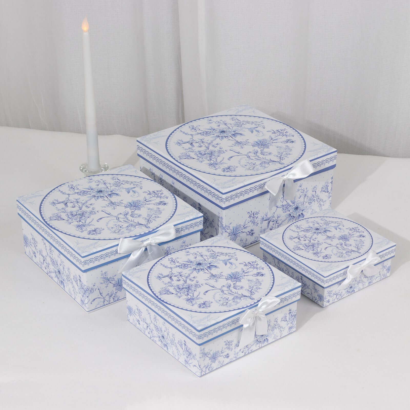 Set of 4 Cardstock Round Nesting Gift Boxes White Blue French Toile Design - Decorative Heavy Duty Stackable Keepsake Boxes With Lids for Presents Storage & Pedestal Stand 5,7,8,9