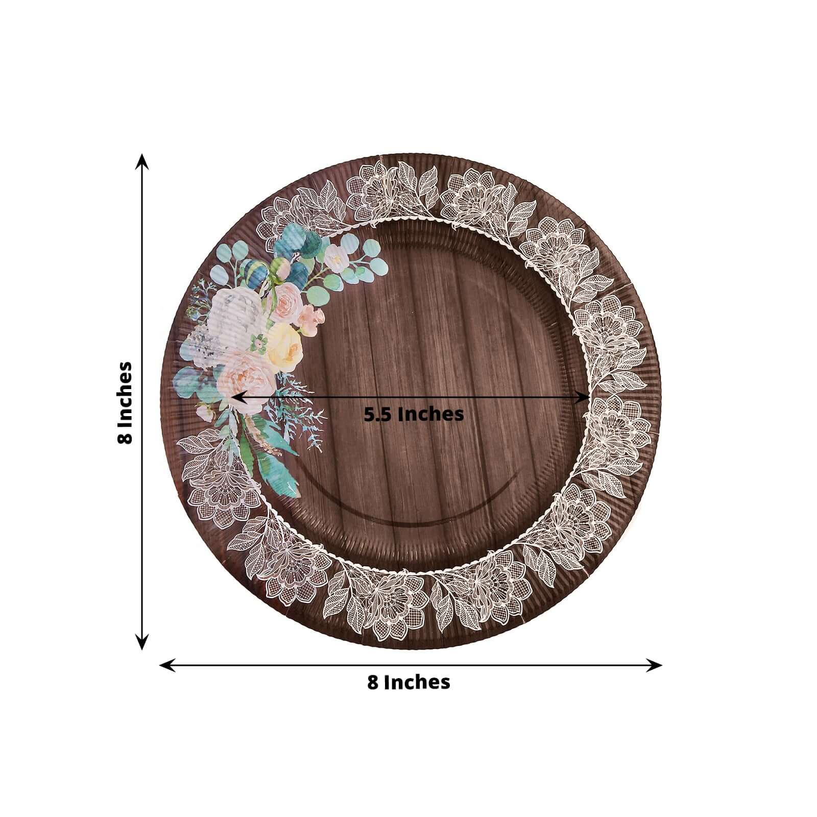 25-Pack Paper 8 Round Dessert Plates in Brown Wood Print with Floral Lace Rim - Disposable Salad Appetizer Plates for Farmhouse Events & Rustic Themes