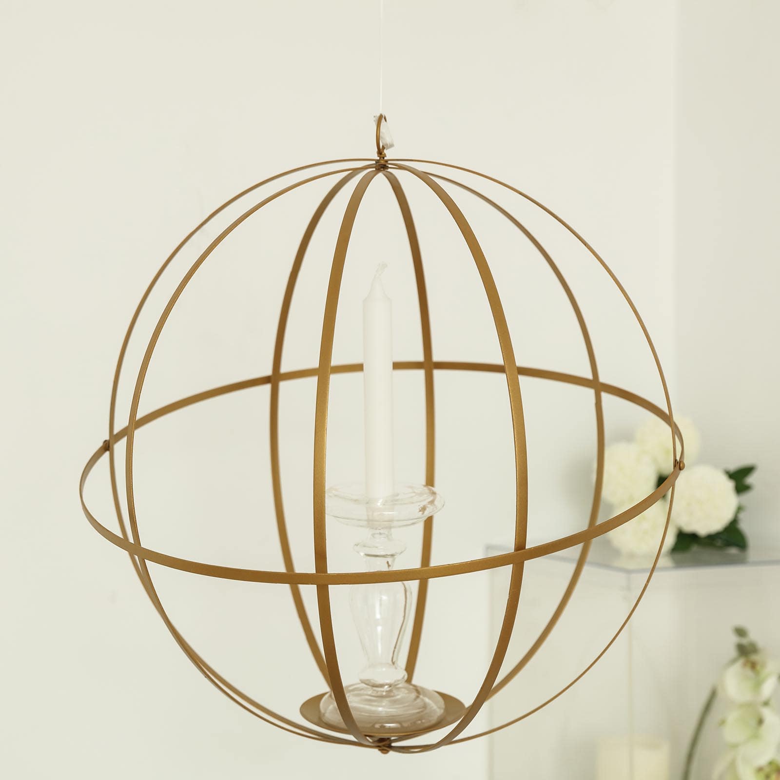 Hanging Sphere Candle Holder Gold Wrought Iron Open Frame Floral Display - Centerpiece Ball 12