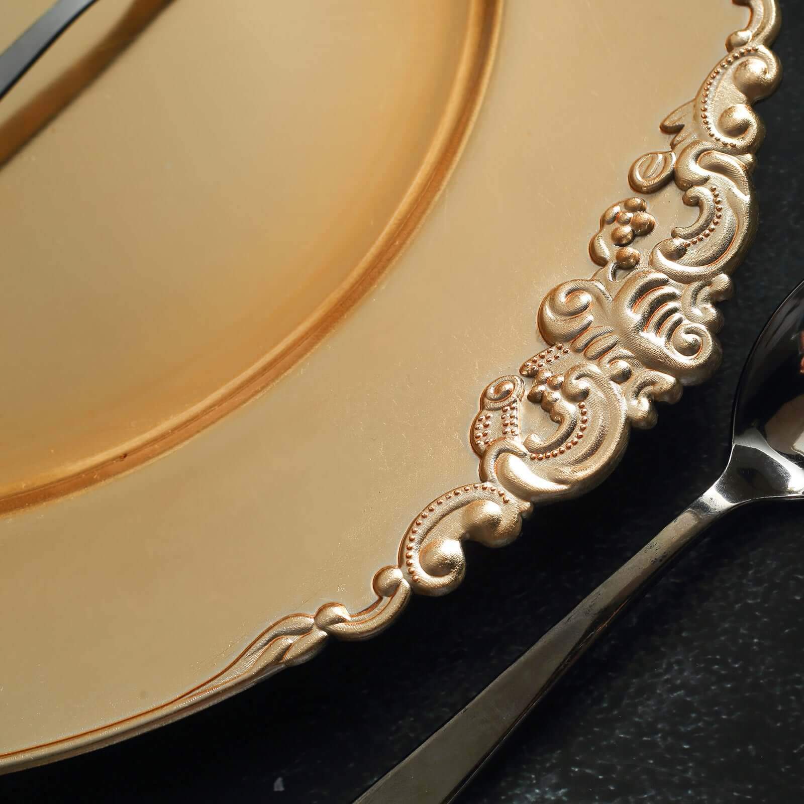 6-Pack Acrylic Round Charger Plates 13 in Gold with Embossed Baroque Rim, Antique Decorative Dinner Party Charger Tableware