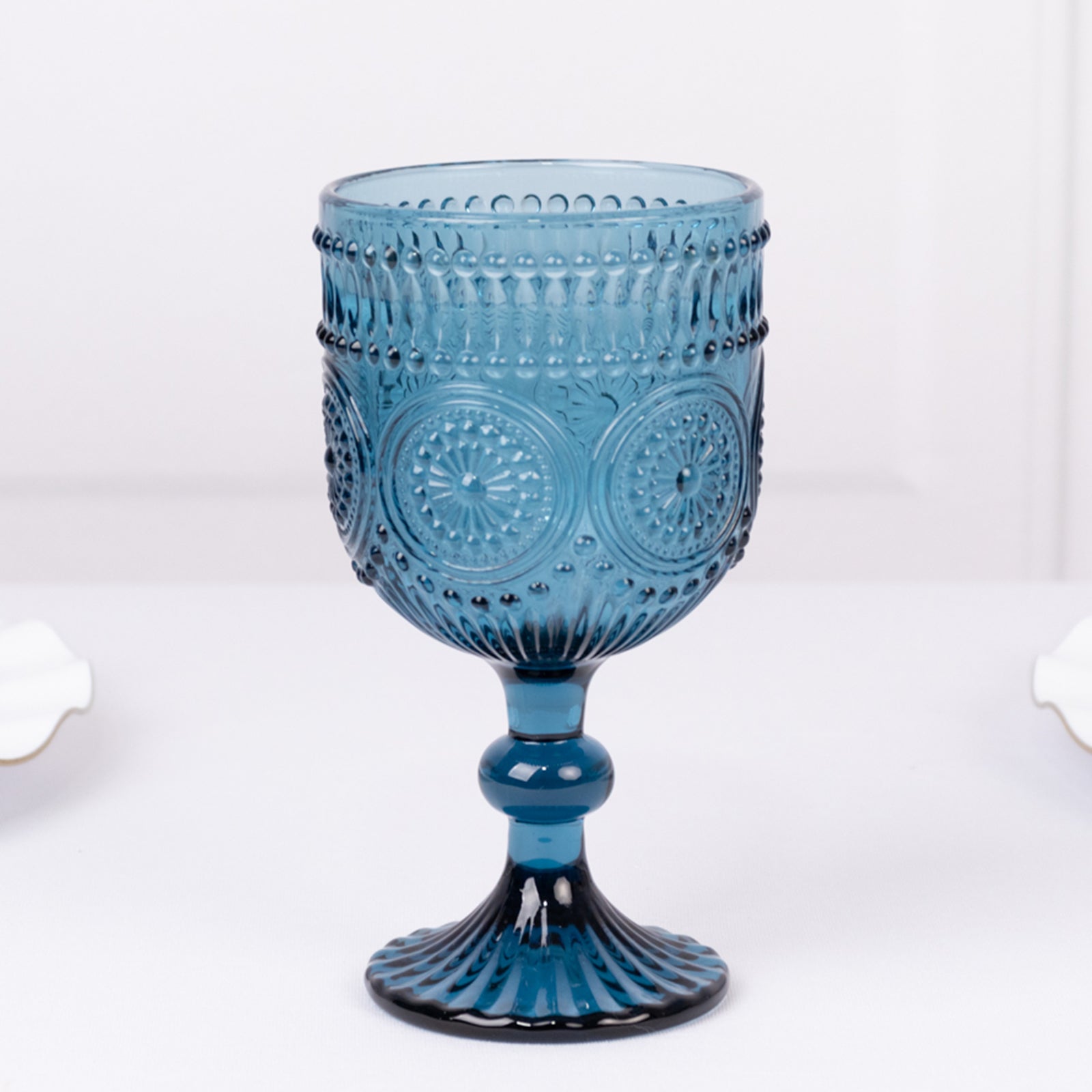 6-Pack Wine Glasses Ocean Blue Vintage Embossed Design with Textured Floral Pattern - Short Stemmed Glasses for Drinks & Cocktails 12oz