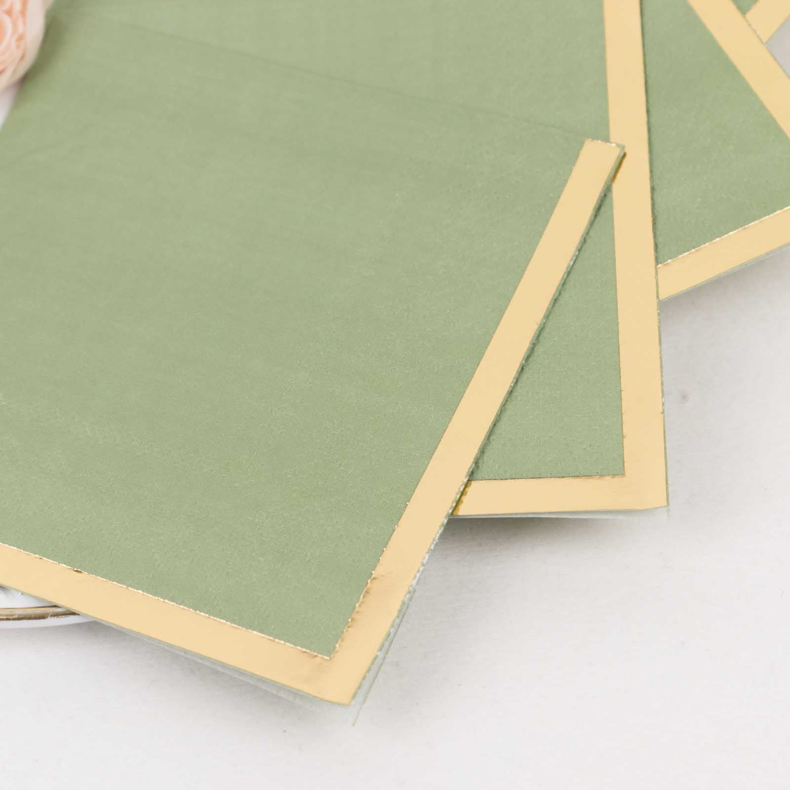 50-Pack Paper Beverage Napkins Sage Green with Gold Foil Edge - 2 Ply Disposable Soft 18GSM Cocktail Napkins 5x5