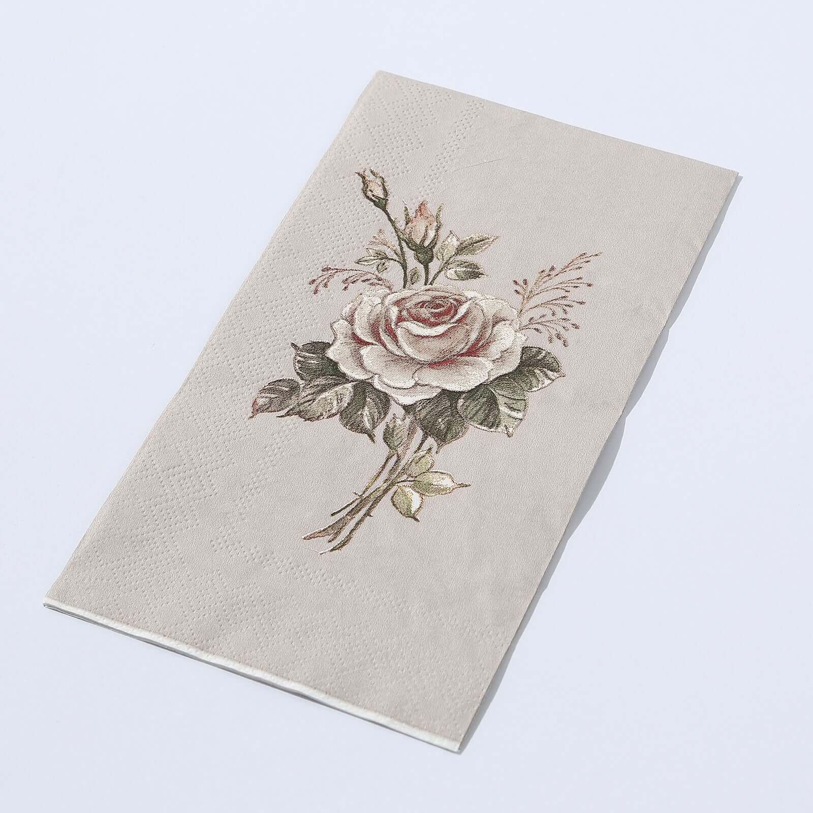 20-Pack Paper Dinner Napkins Ivory with Vintage Pink Rose Print 2 Ply - Stylish Boho Napkins for Events