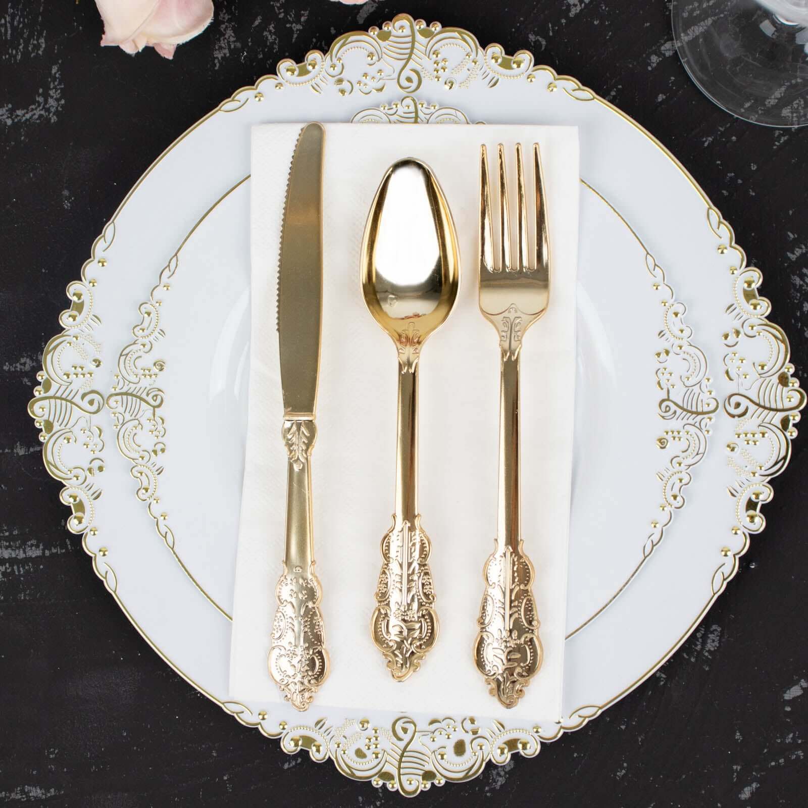 72 Pcs Plastic Silverware Set in Baroque Style Metallic Gold - Heavy Duty Disposable Knife, Fork, and Spoon Set