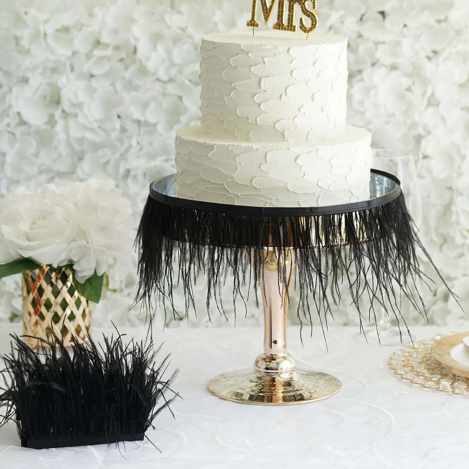 39 Black Real Ostrich Feather Fringe Trim With Satin Ribbon Tape