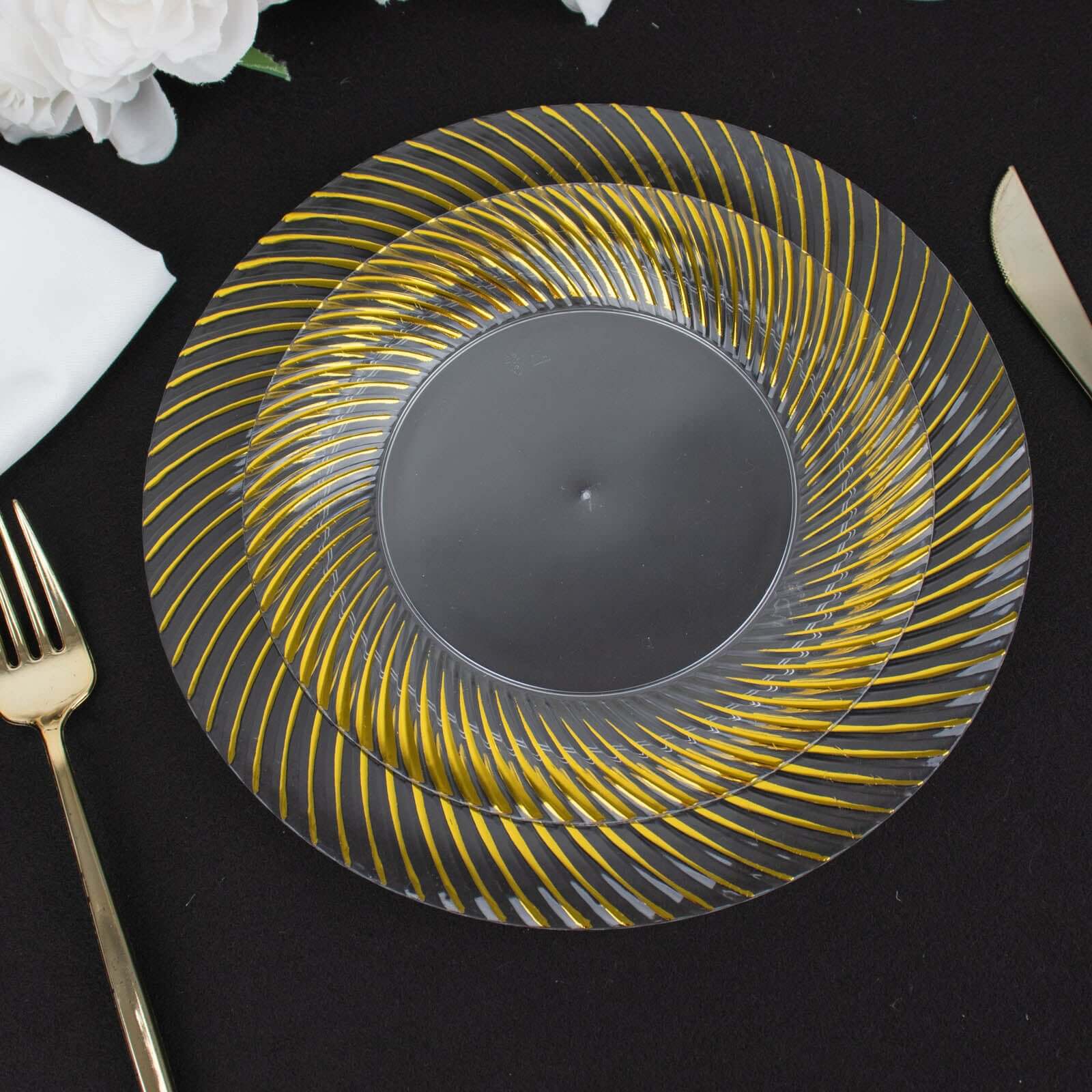 10-Pack Plastic 9 Round Dinner Plates Clear with Gold Swirl Rim - Disposable Party Plates for Classy Events & Banquets