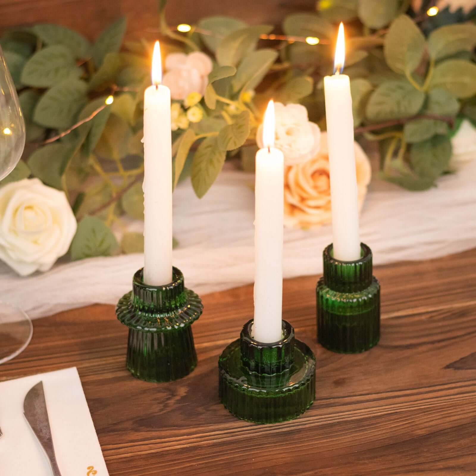 Set of 6 Glass Taper Candle Holders Ribbed Crystal Design Hunter Emerald Green - Reversible Mini Votive Tealight Stands 3