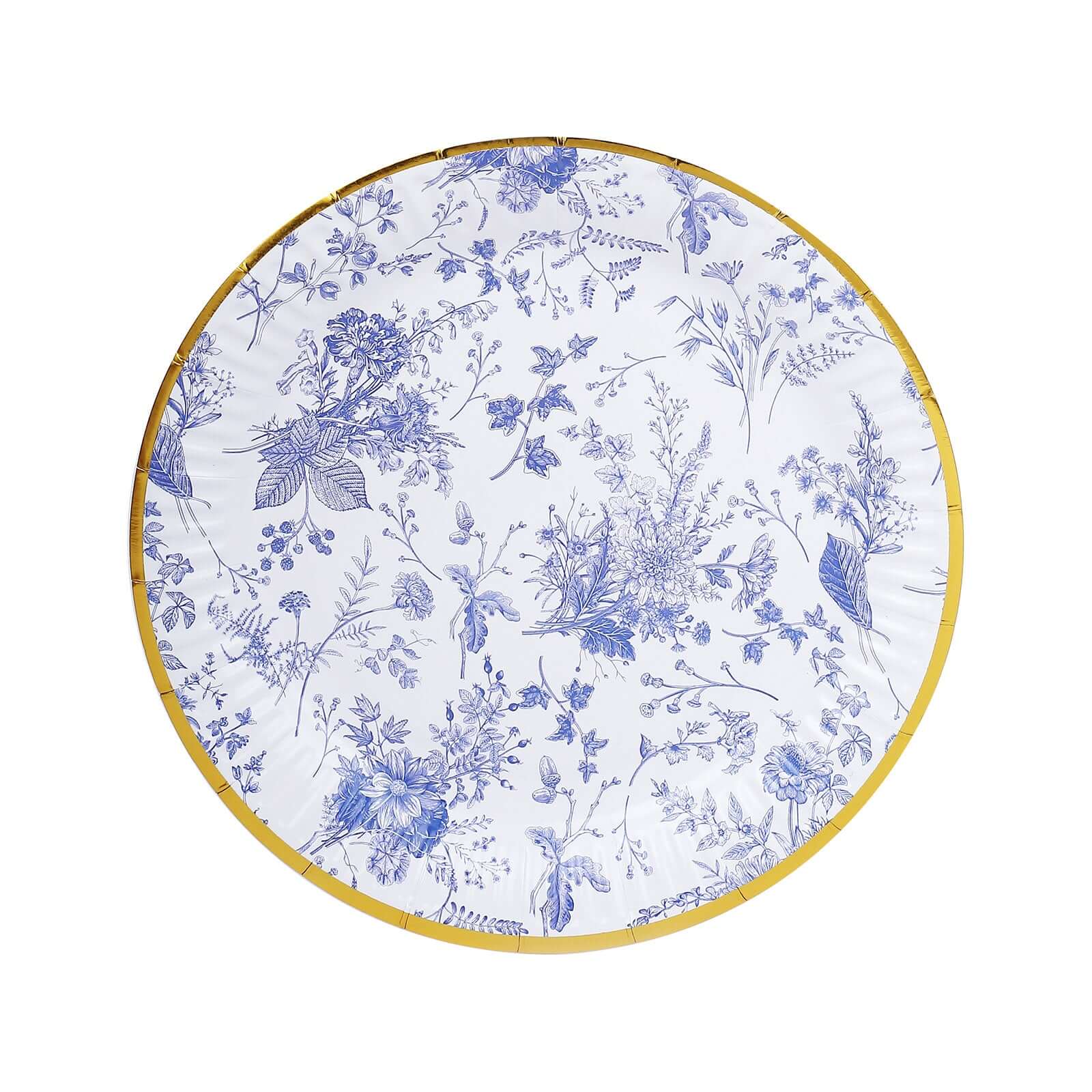 25-Pack Paper 9 Round Dinner Plates in White with Light Blue French Toile Pattern & Gold Rim - Disposable Party Plates for Picnics & Chic Brunches
